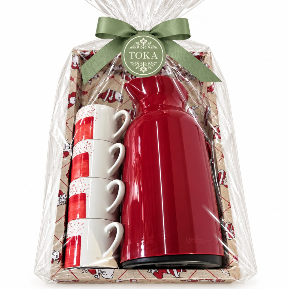 KIT CAFÉ XÍCARAS PAPAI NOEL - COM GARRAFA TÉRMICA E XÍCARAS BICOLOR | 6 PEÇAS
