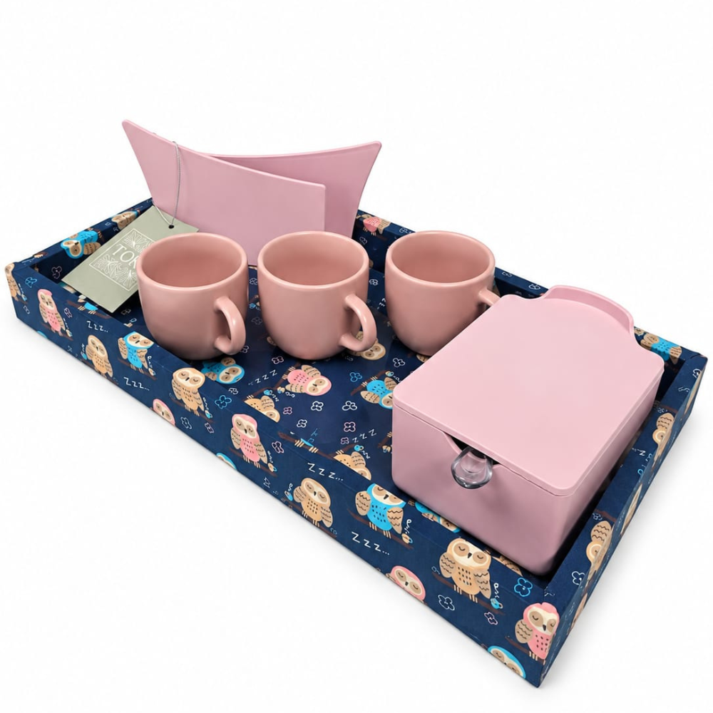 KIT CAFÉ CORUJA - COM XÍCARAS ROSÊ, AÇUCAREIRO E PORTA GUARDANAPOS | 6 PEÇAS
