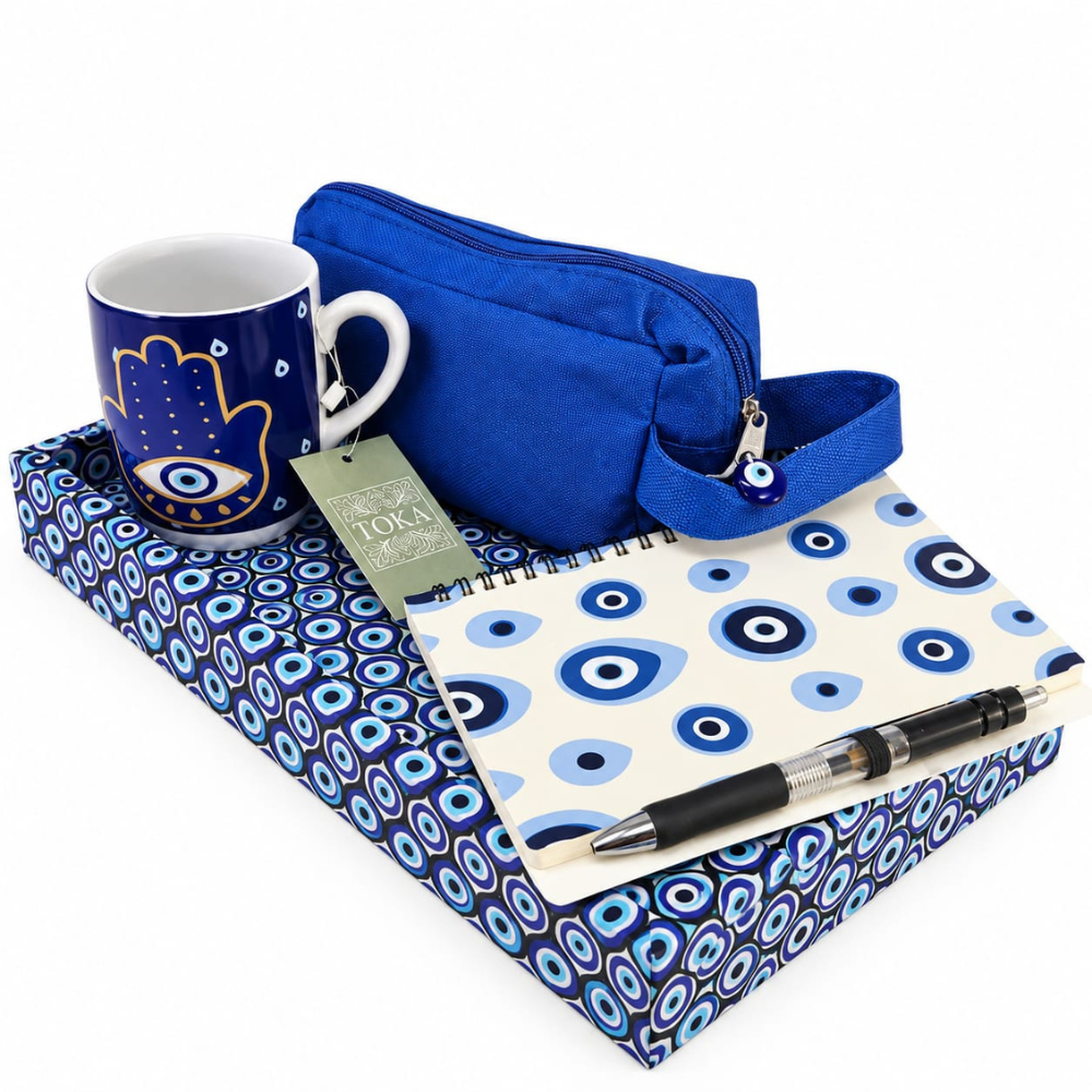 BANDEJA ORGANIZADORA ESCRITÓRIO OLHO GREGO - COM ESTOJO, CADERNO, CANETA E CANECA | 5 PEÇAS