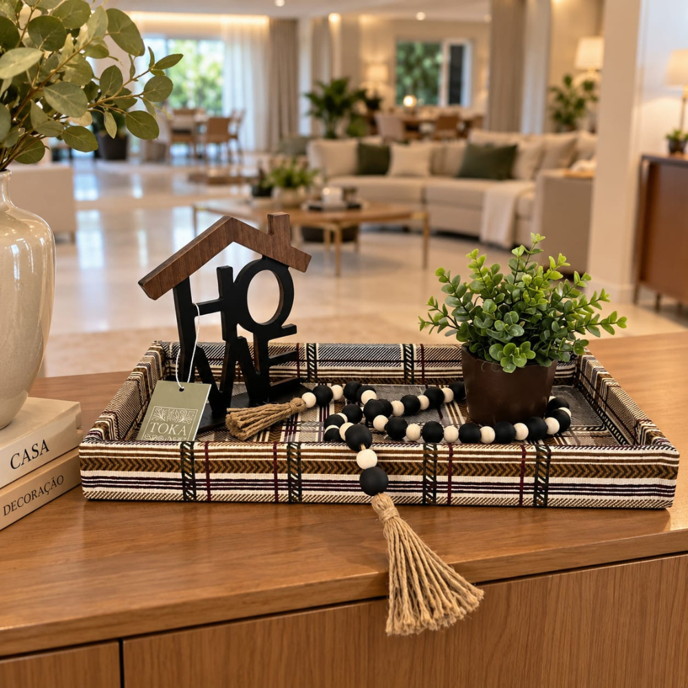 KIT DECORATIVO PARA SALA HOME - BANDEJA, VASO COM PLANTA, COLAR DE MESA E PEÇA EM MADEIRA HOME | 4 PEÇAS