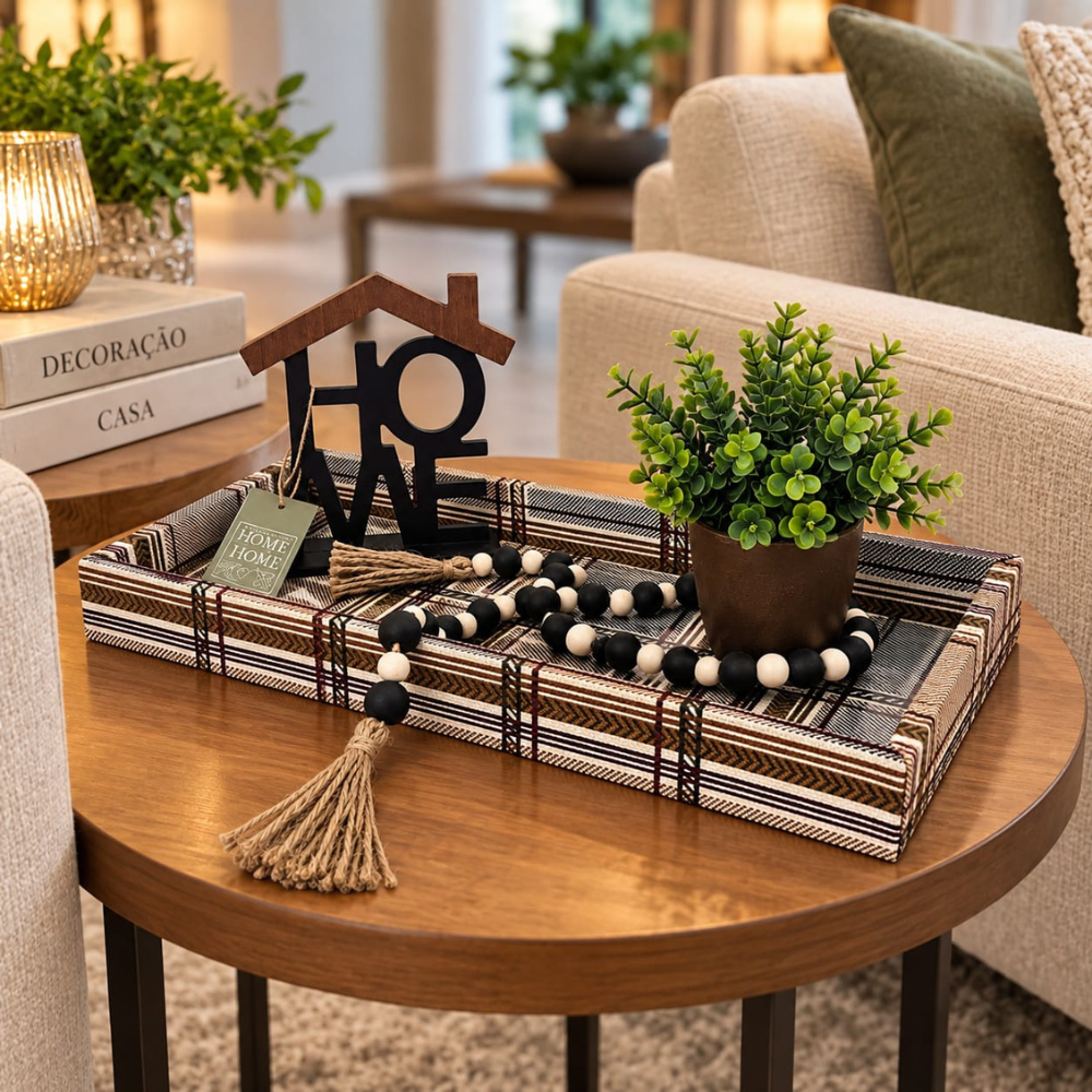 KIT DECORATIVO PARA SALA HOME - BANDEJA, VASO COM PLANTA, COLAR DE MESA E PEÇA EM MADEIRA HOME | 4 PEÇAS