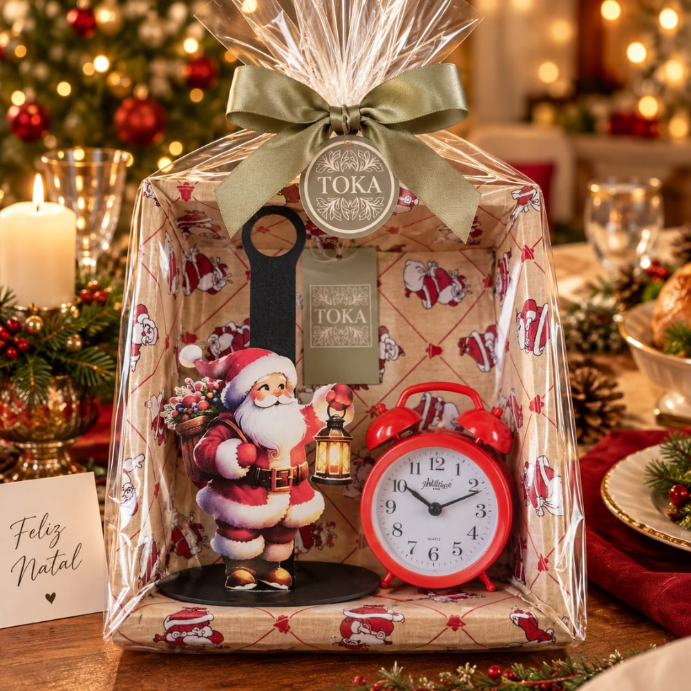 KIT PRESENTE DE NATAL - COM BANDEJA DECORATIVA, RELÓGIO E PORTA GUARDANAPOS PAPAI NOEL | 3 PEÇAS
