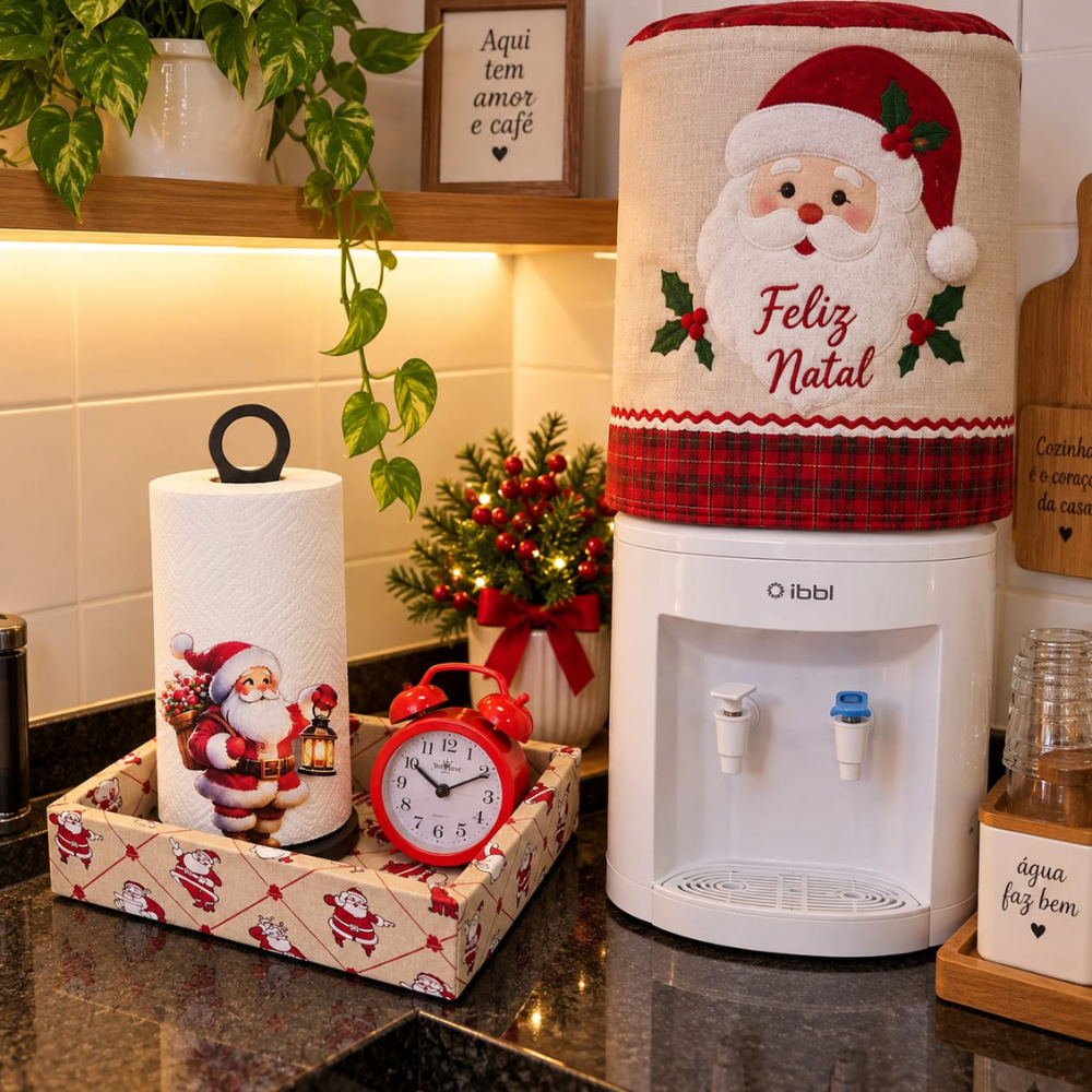 KIT PRESENTE DE NATAL - COM BANDEJA DECORATIVA, RELÓGIO E PORTA GUARDANAPOS PAPAI NOEL | 3 PEÇAS