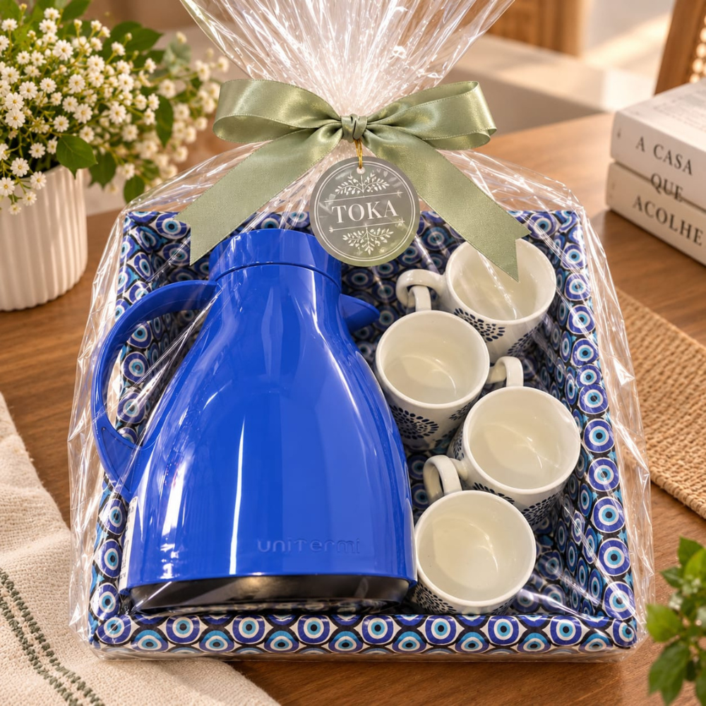 KIT CAFÉ OLHO GREGO - COM 4 XÍCARAS E GARRAFA TÉRMICA | 6 PEÇAS