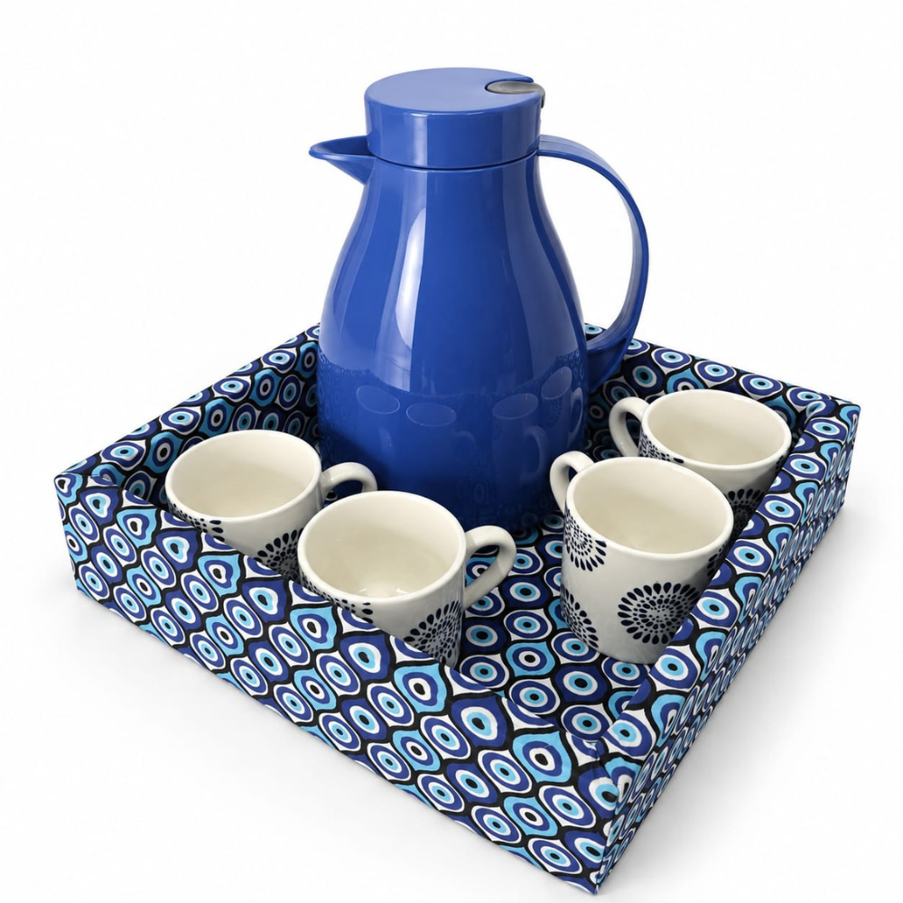 KIT CAFÉ OLHO GREGO - COM 4 XÍCARAS E GARRAFA TÉRMICA | 6 PEÇAS