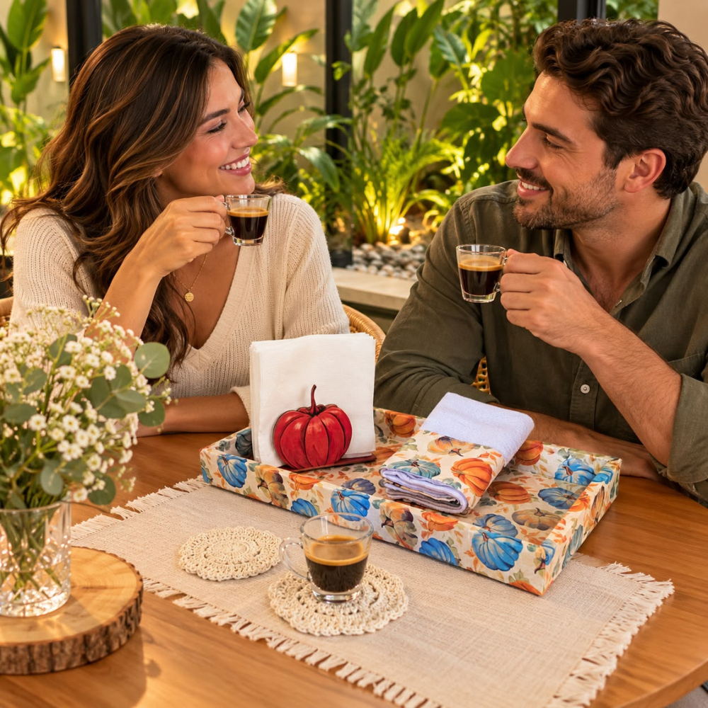 KIT CAFÉ ABÓBORAS - COM XÍCARAS, PORTA GUARDANAPOS, PANO DE COPA E | PORTA-COPOS CROCHÊ | 9 PEÇAS