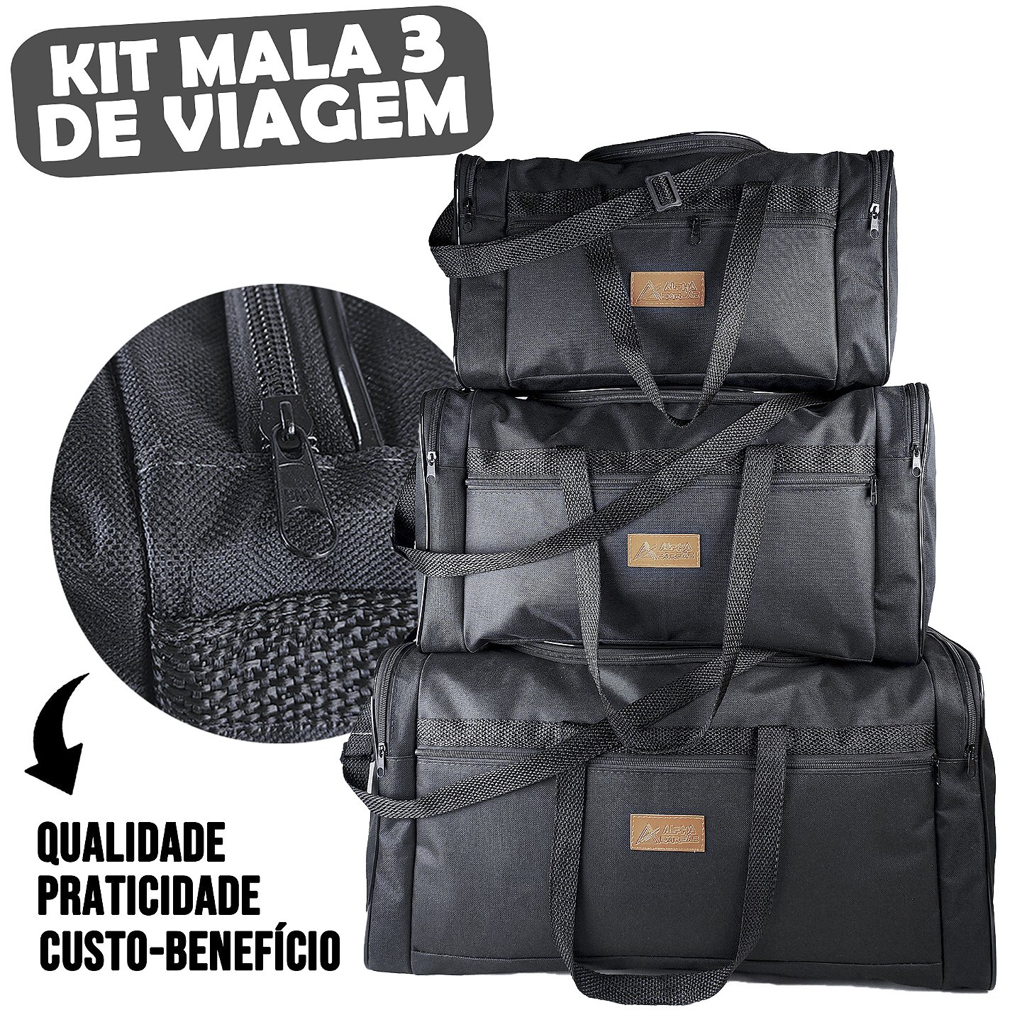 Kit 3 Malas de Viagem Alpha Extreme Preto Grande, Média e Pequena