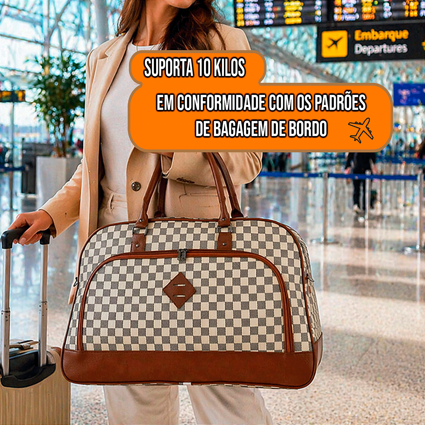 Mala de Viagem de Bordo em Couro Quadriculada - Branca