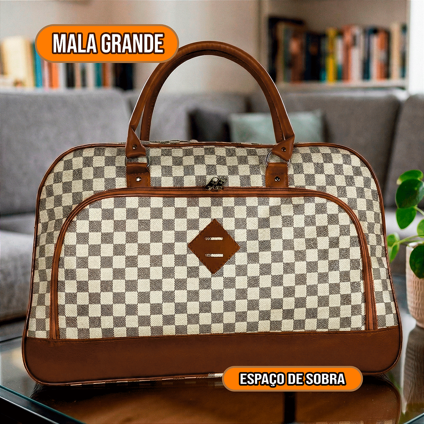 Mala de Viagem de Bordo em Couro Quadriculada - Branca