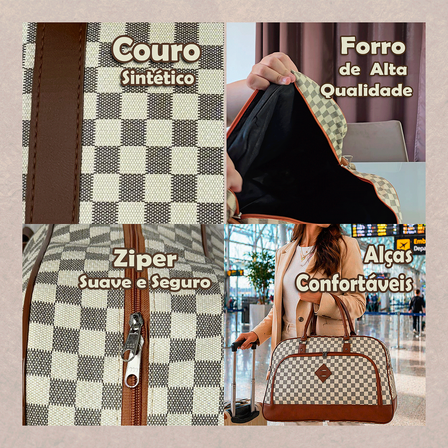 Mala de Viagem de Bordo em Couro Quadriculada - Branca