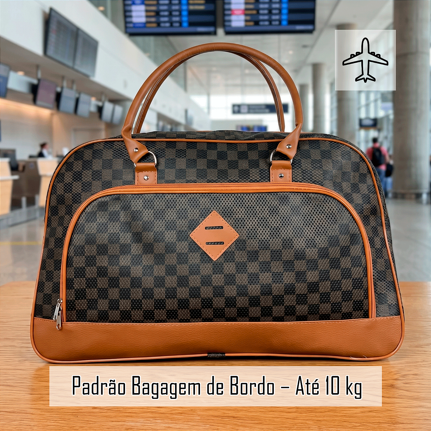 Mala de Viagem de Bordo em Couro Quadriculada - Marrom