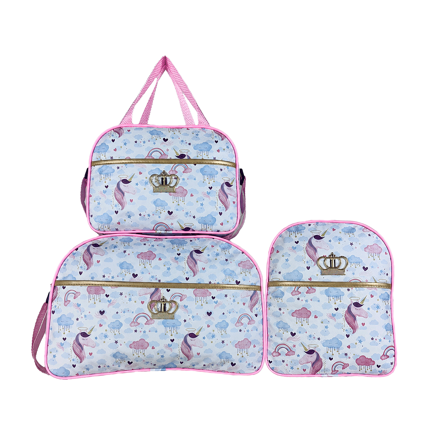 Kit Mala Bolsa Maternidade 3 Peças – Mala Grande, Mala Média e Mochila Unicornio