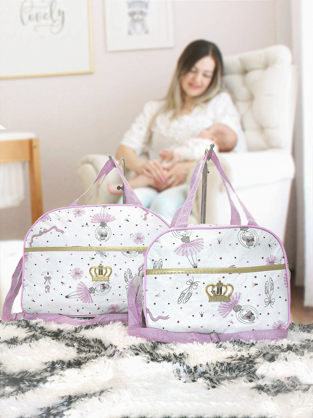 Kit Maternidade 4 Peças – Mala Grande, Mala Média e Mochila e Trocador Bailarina