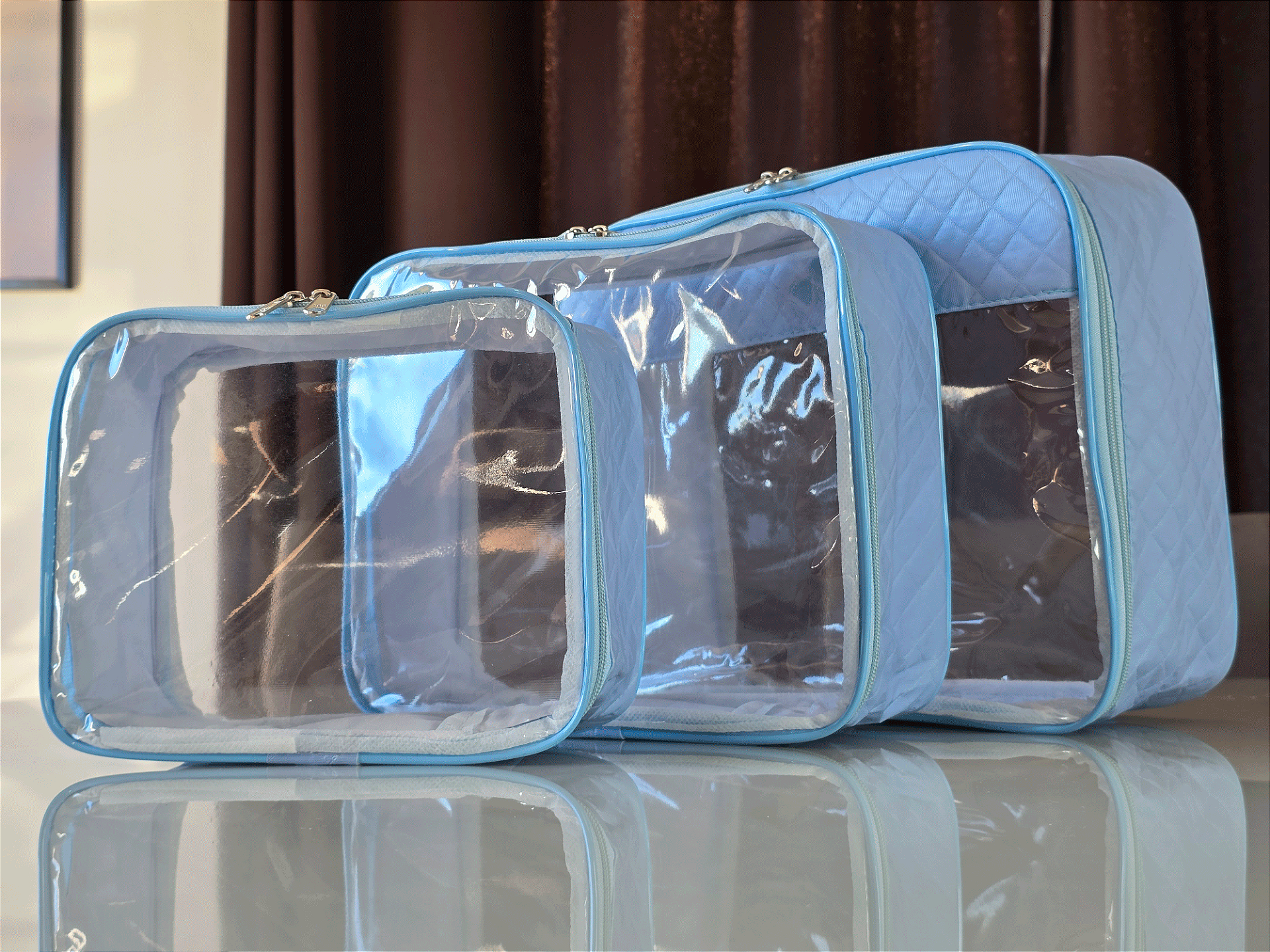 Kit Necessaire Organizadora Transparente P/M/G Azul BB