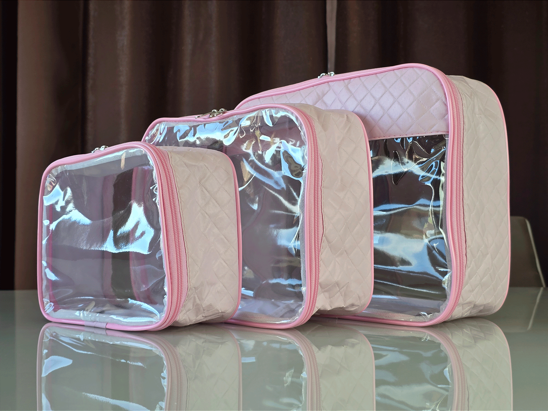 Kit Necessaire Organizadora Transparente P/M/G Rosa BB