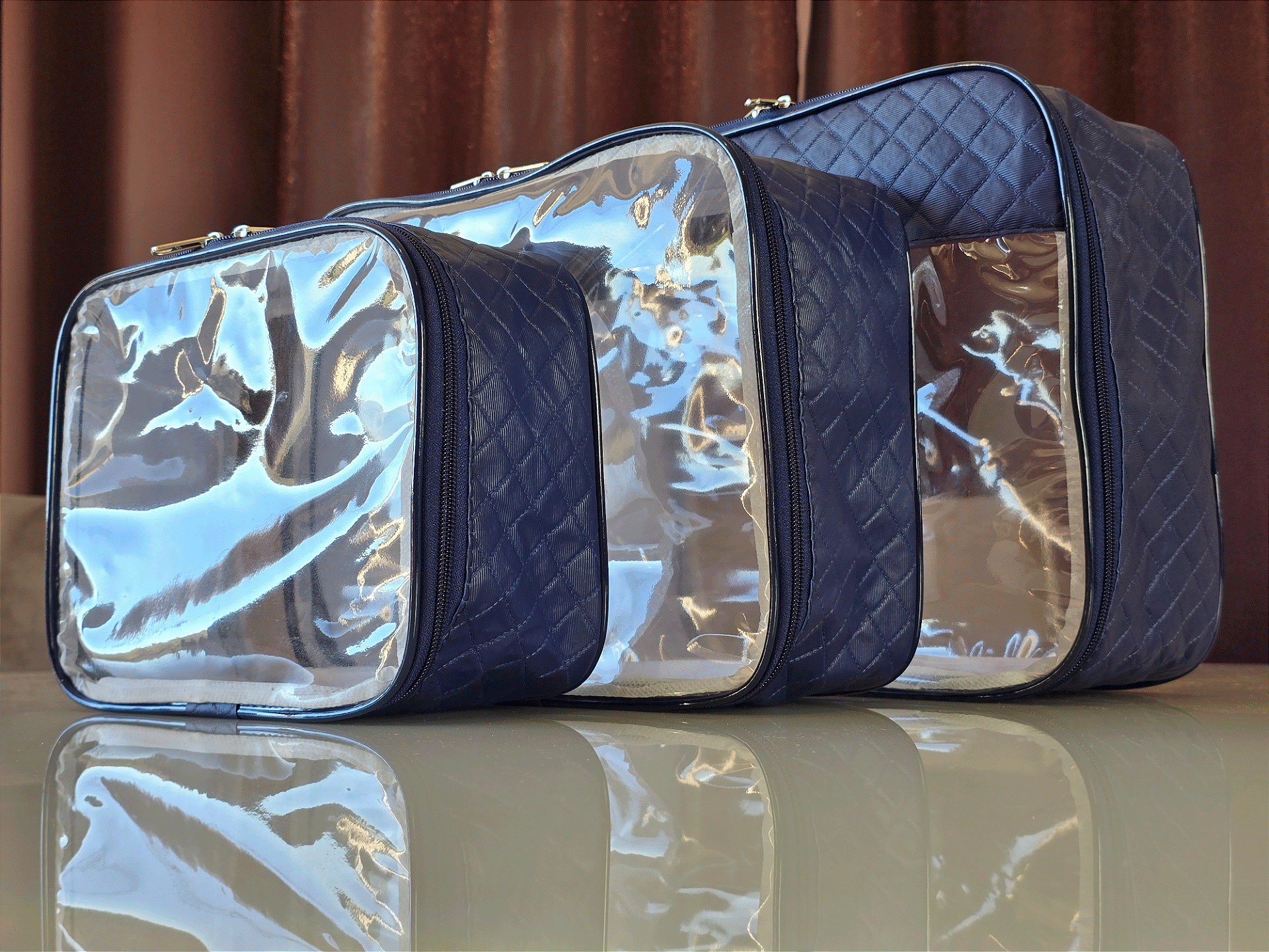 Kit Necessaire Organizadora Transparente P/M/G Azul Marinho