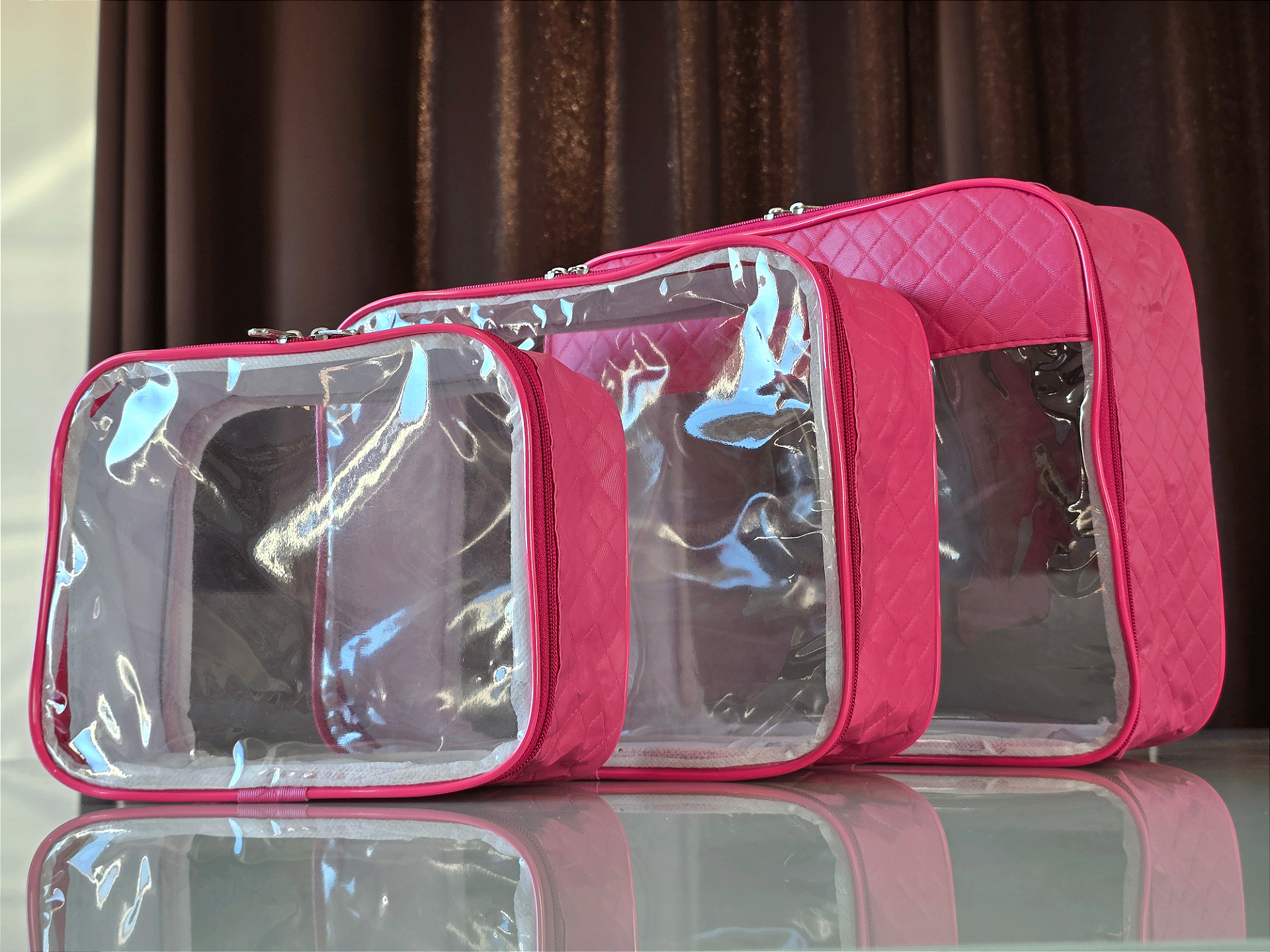 Kit Necessaire Organizadora Transparente P/M/G Pink