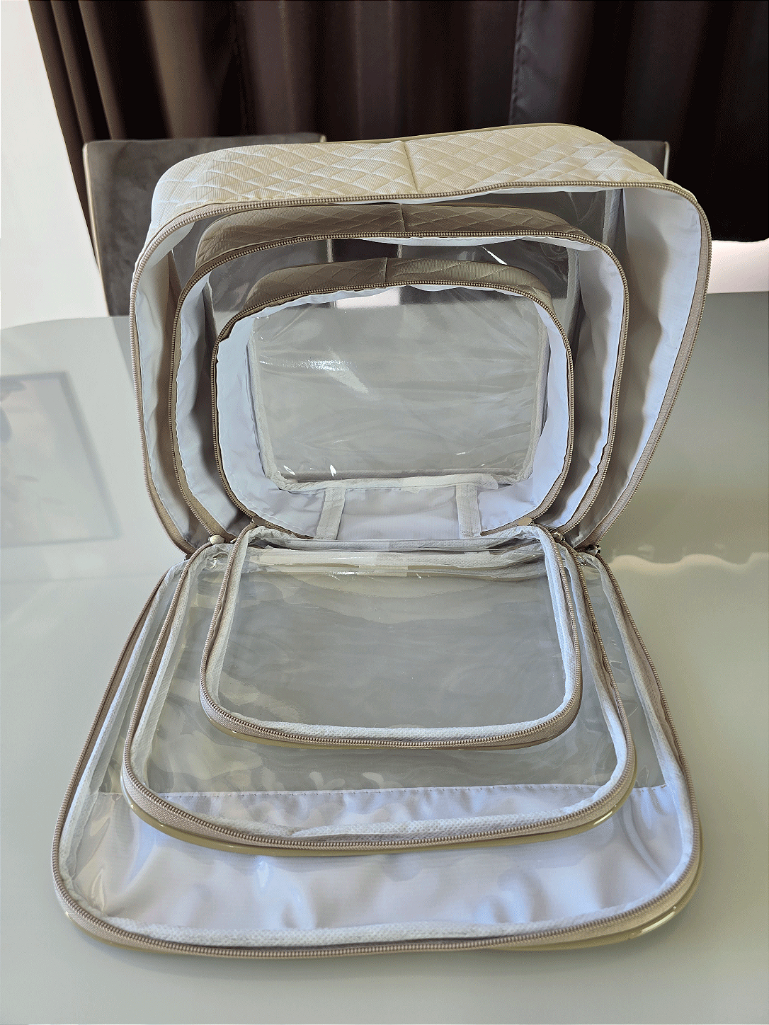 Kit Necessaire Organizadora Transparente P/M/G Bege