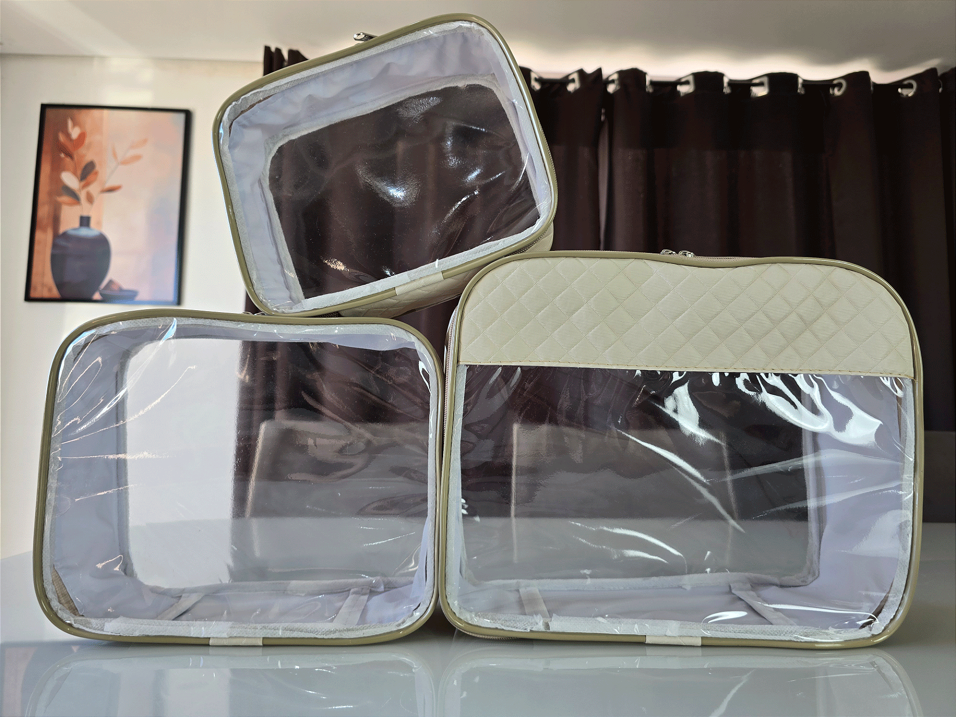 Kit Necessaire Organizadora Transparente P/M/G Bege