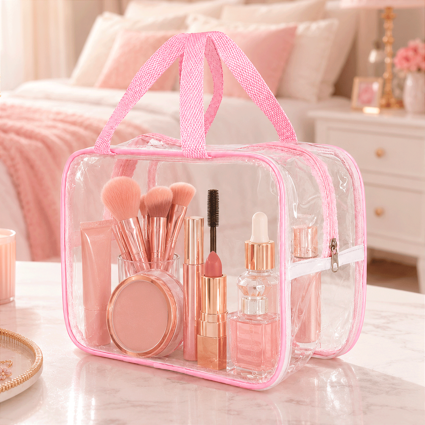 Kit 2 Bolsa Necessaire Transparente Feminina Organizadora - Rosa BB