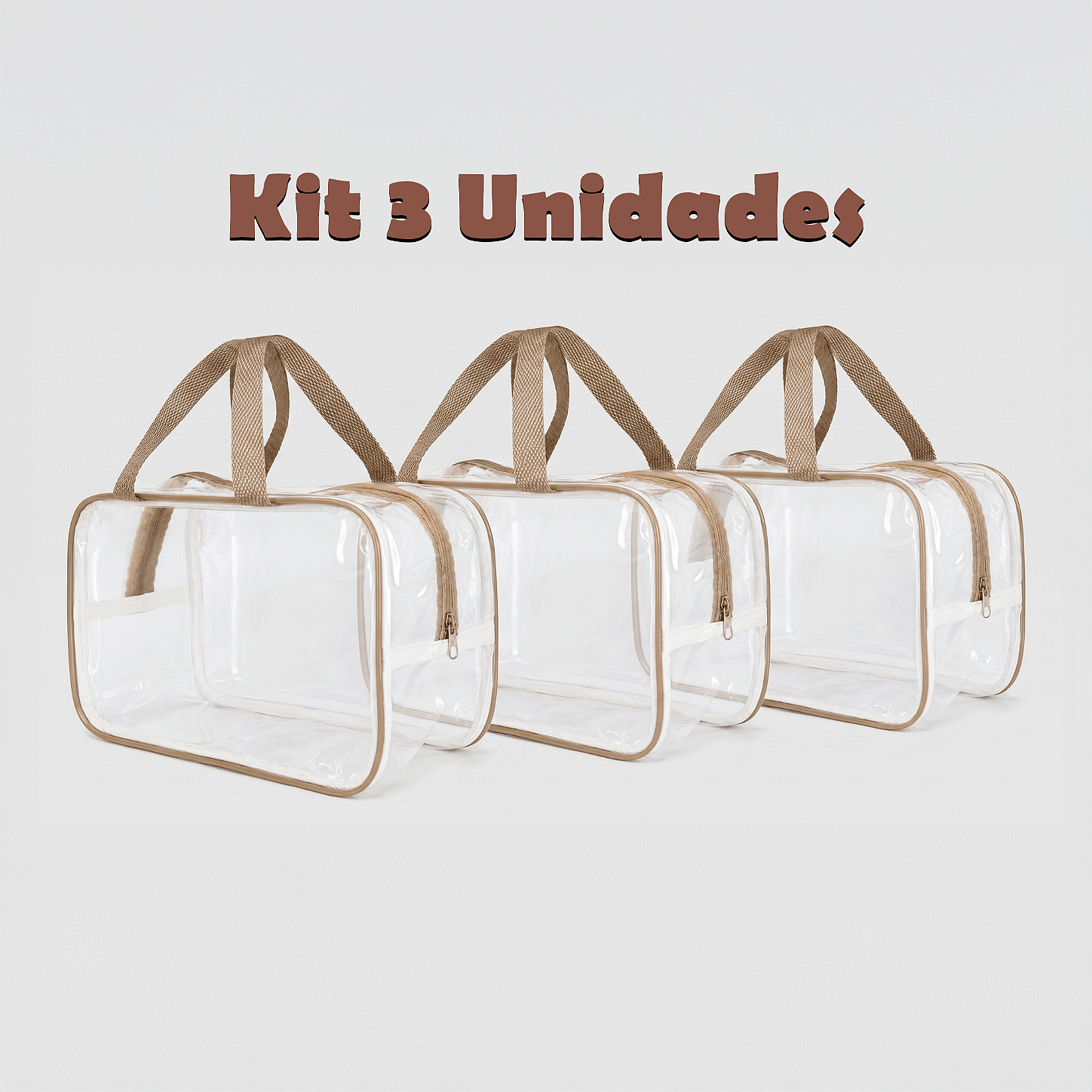 Kit 3 Bolsa Necessaire Transparente Feminina Organizadora - Bege