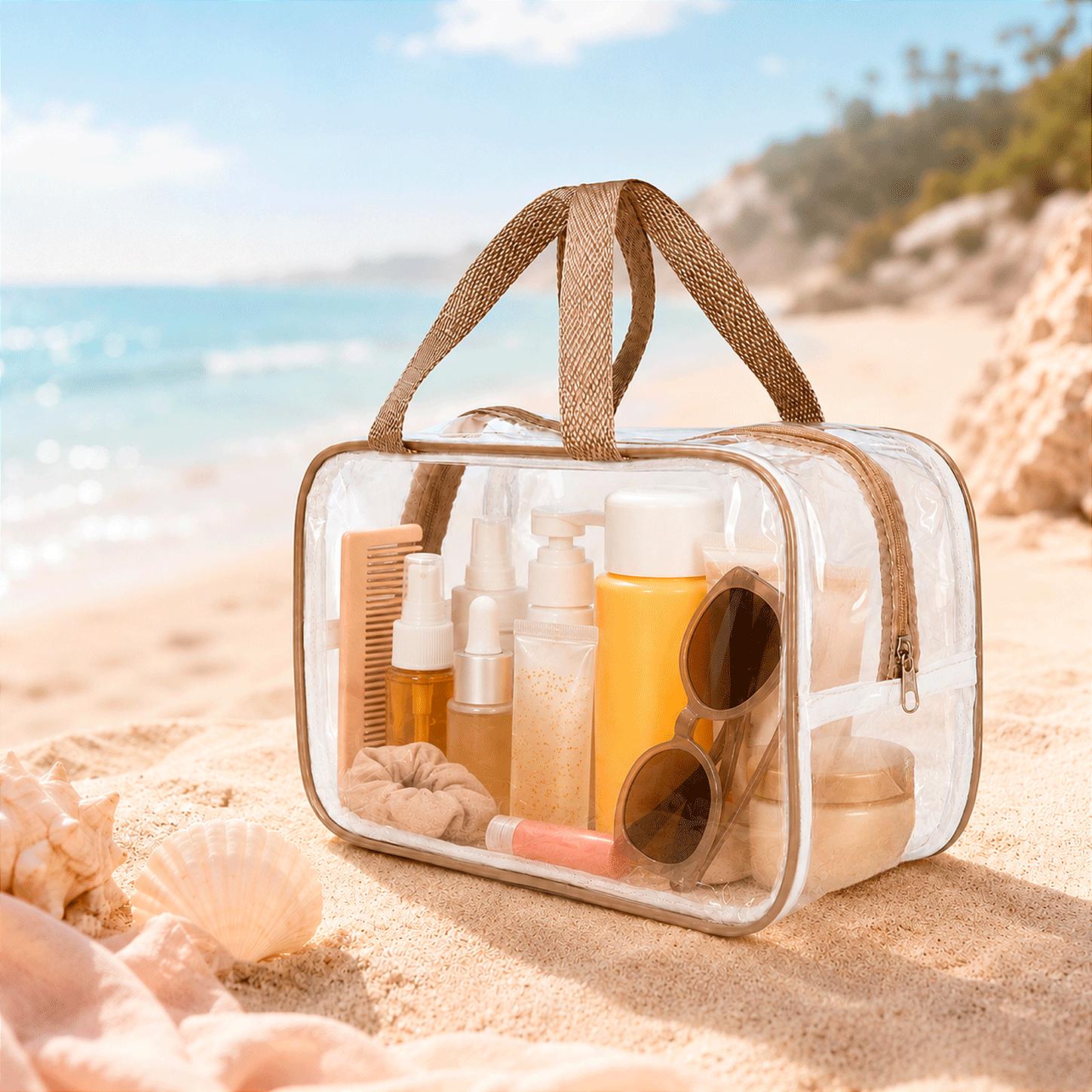 Kit 3 Bolsa Necessaire Transparente Feminina Organizadora - Bege