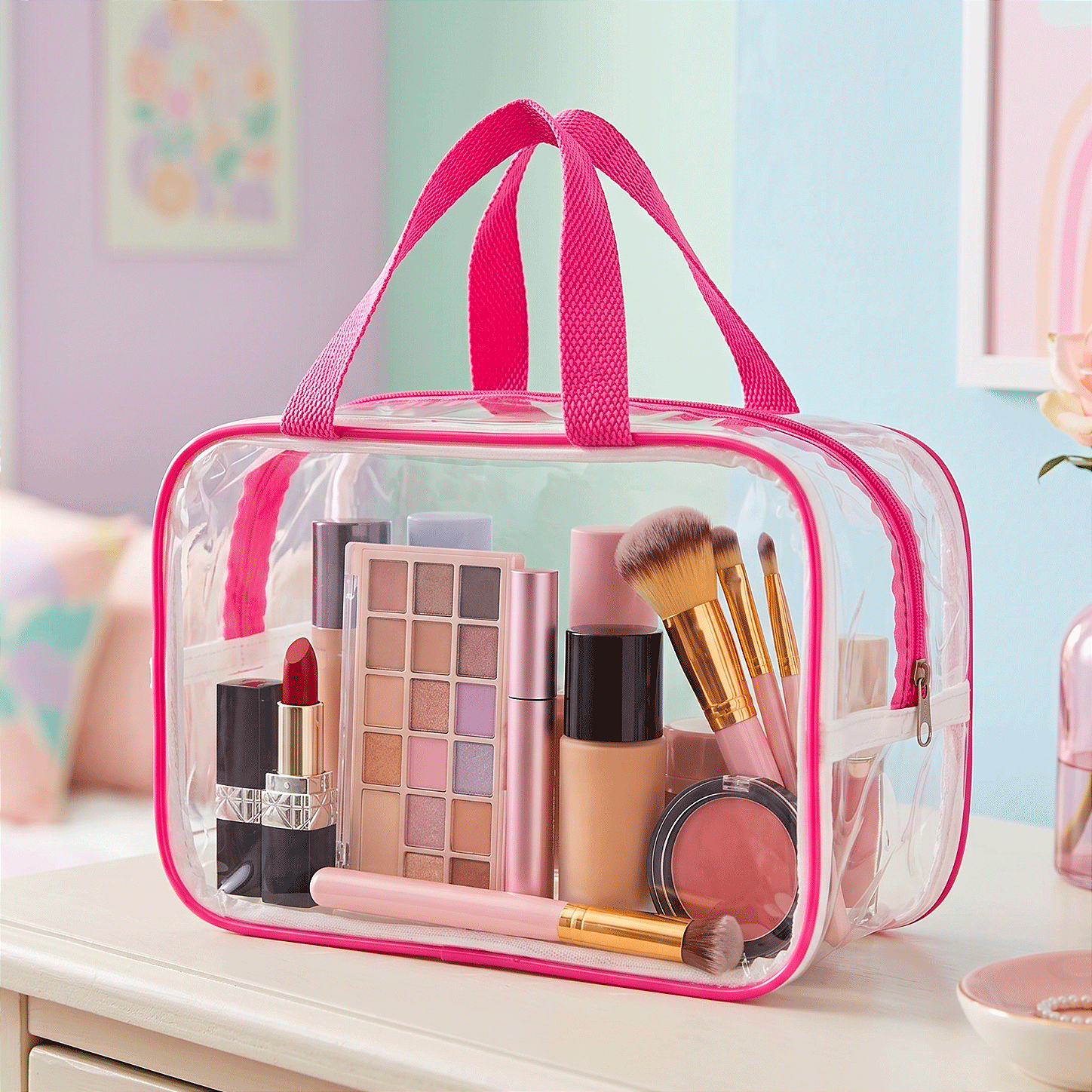 Kit 3 Bolsa Necessaire Transparente Feminina Organizadora - Pink