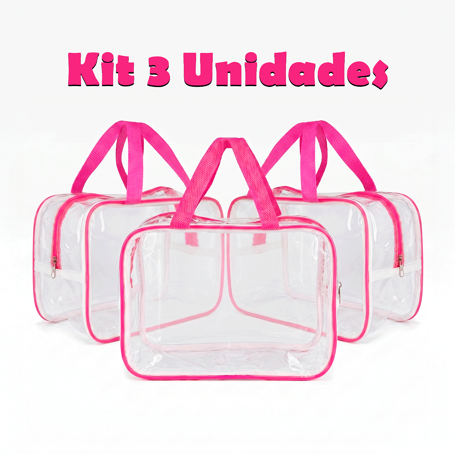 Kit 3 Bolsa Necessaire Transparente Feminina Organizadora - Pink