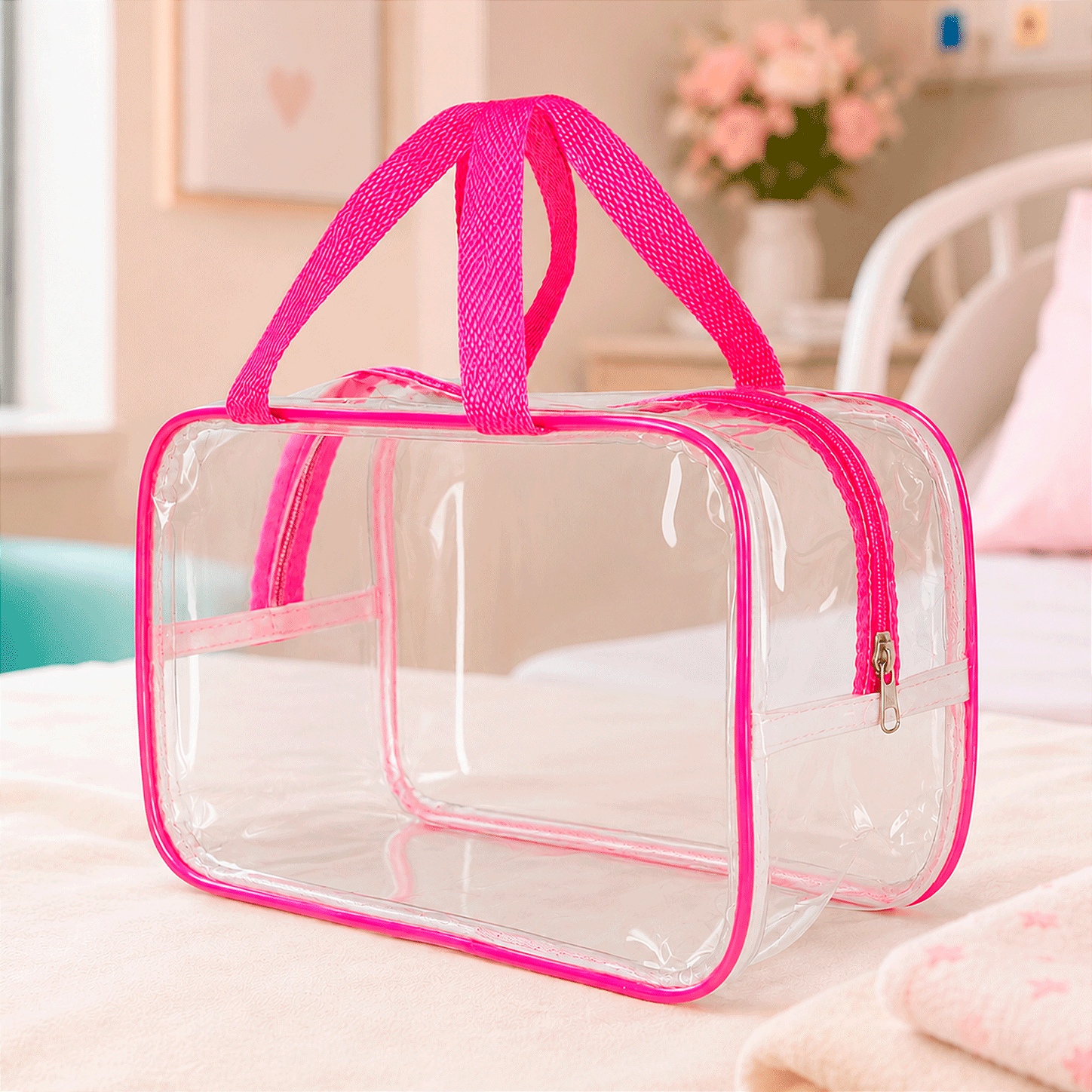 Kit 3 Bolsa Necessaire Transparente Feminina Organizadora - Pink