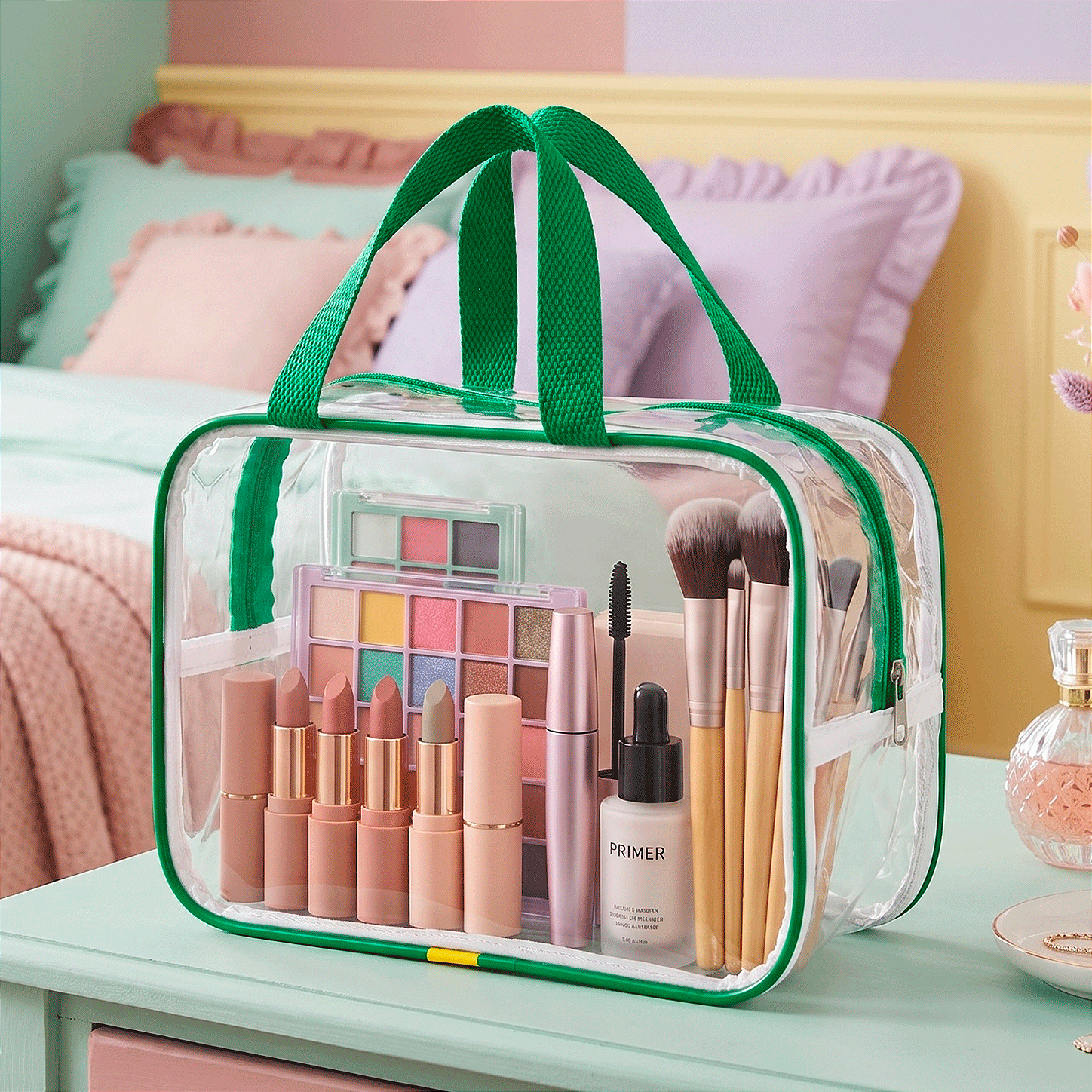 Kit 3 Bolsa Necessaire Transparente Feminina Organizadora - Verde