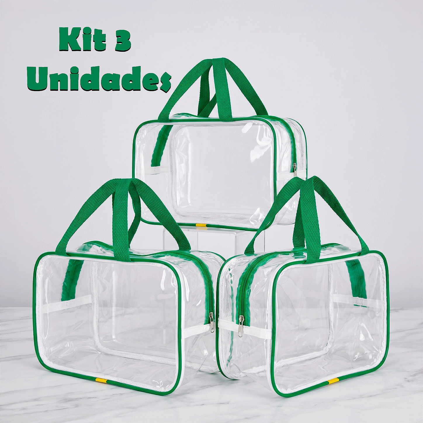 Kit 3 Bolsa Necessaire Transparente Feminina Organizadora - Verde