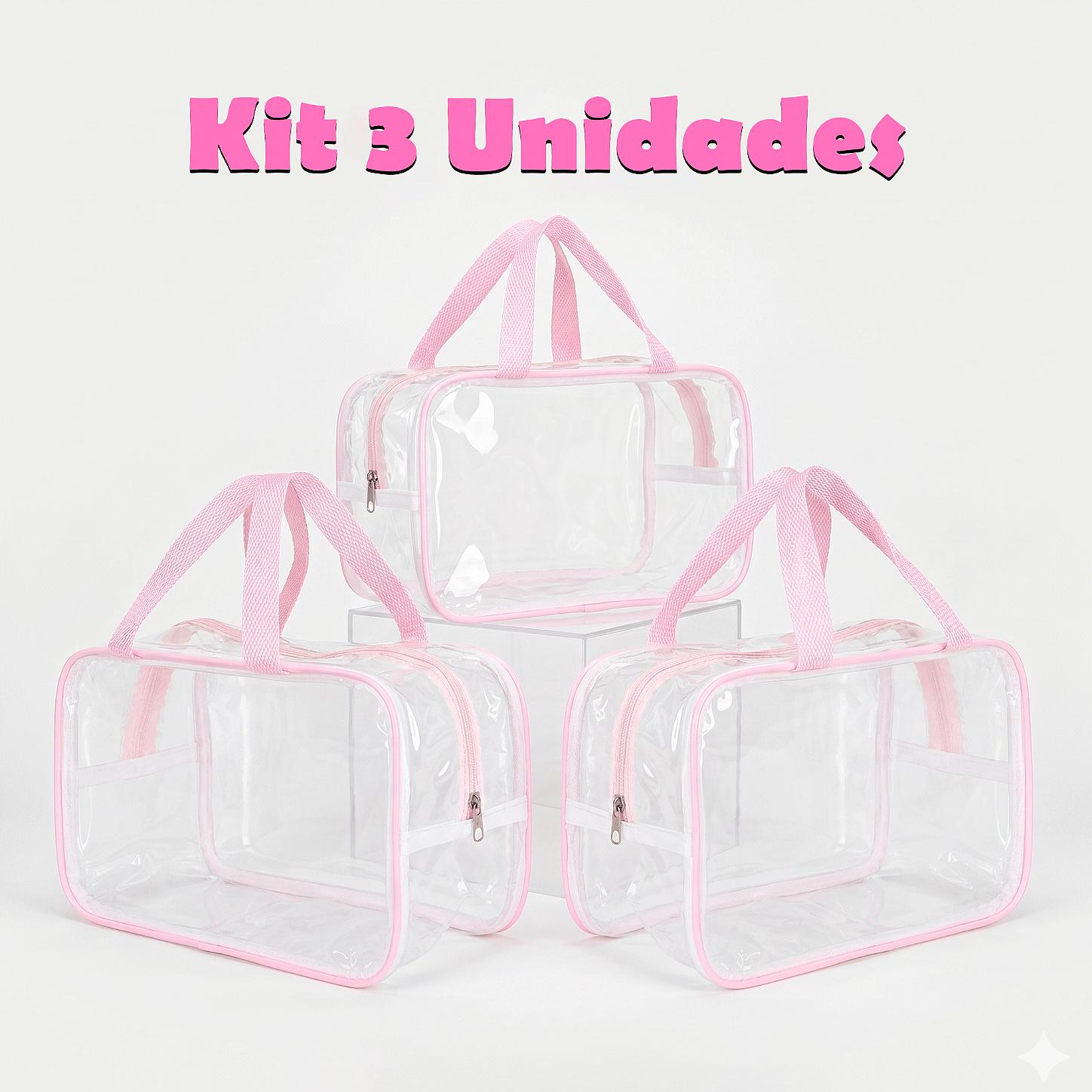 Kit 3 Bolsa Necessaire Transparente Feminina Organizadora - Rosa BB