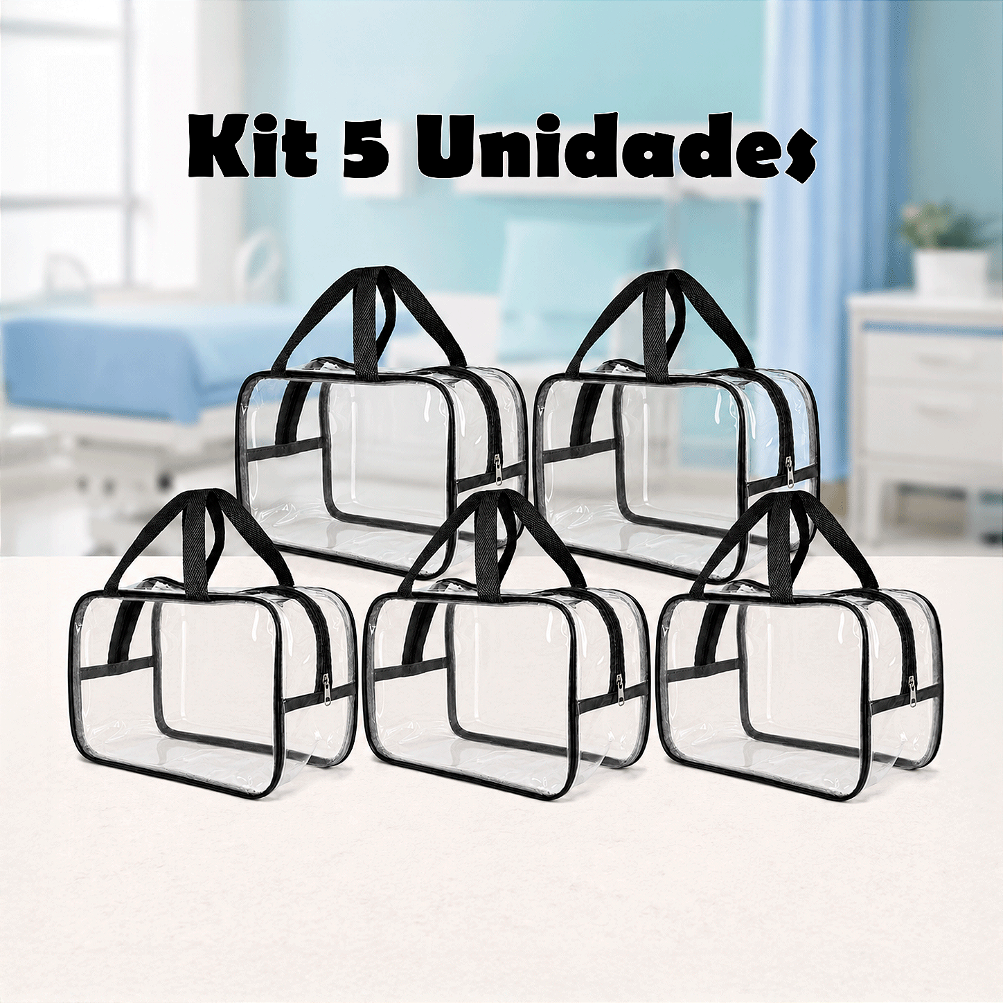 Kit 5 Bolsa Necessaire Transparente Feminina Organizadora - Preto