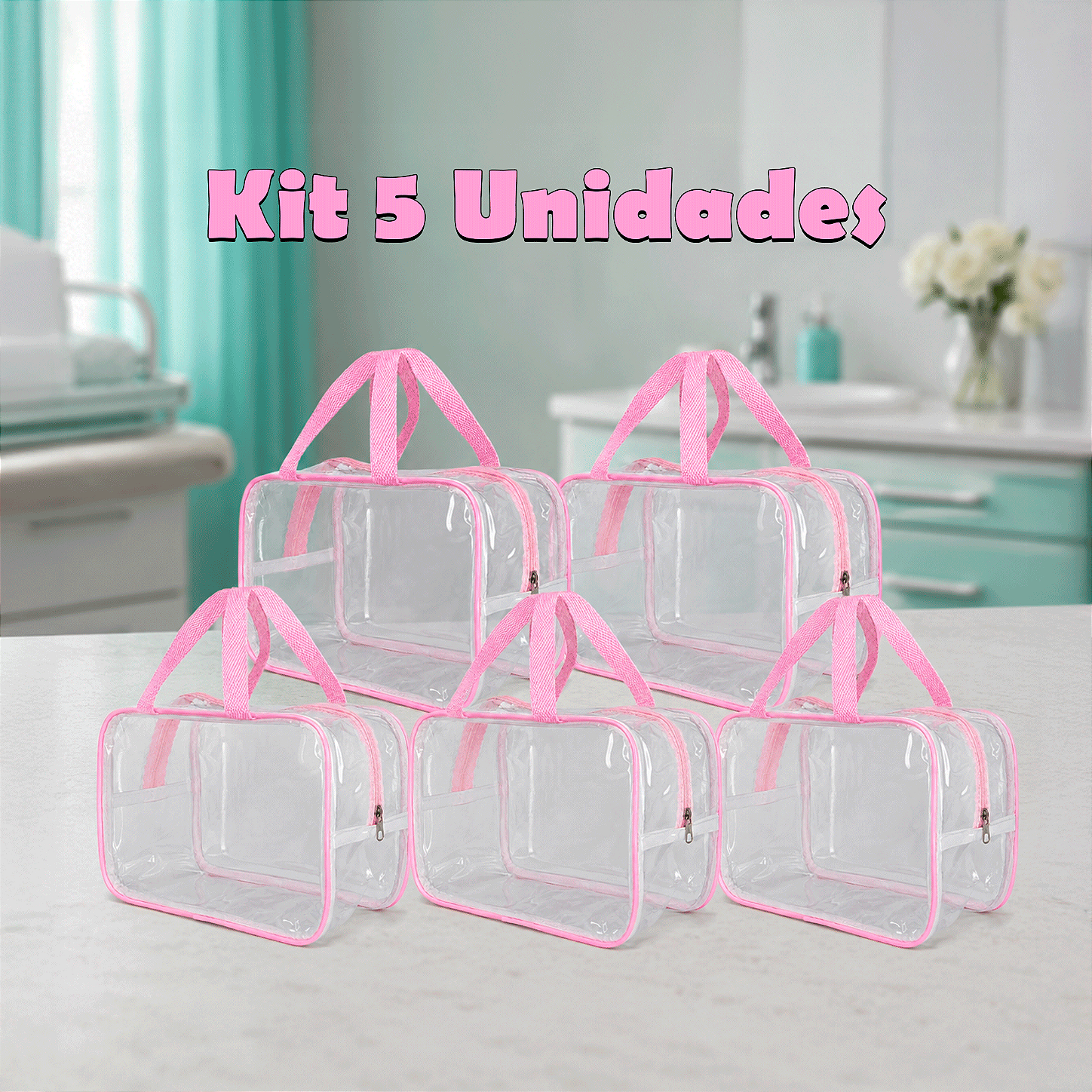 Kit 5 Bolsa Necessaire Transparente Feminina Organizadora - Rosa BB