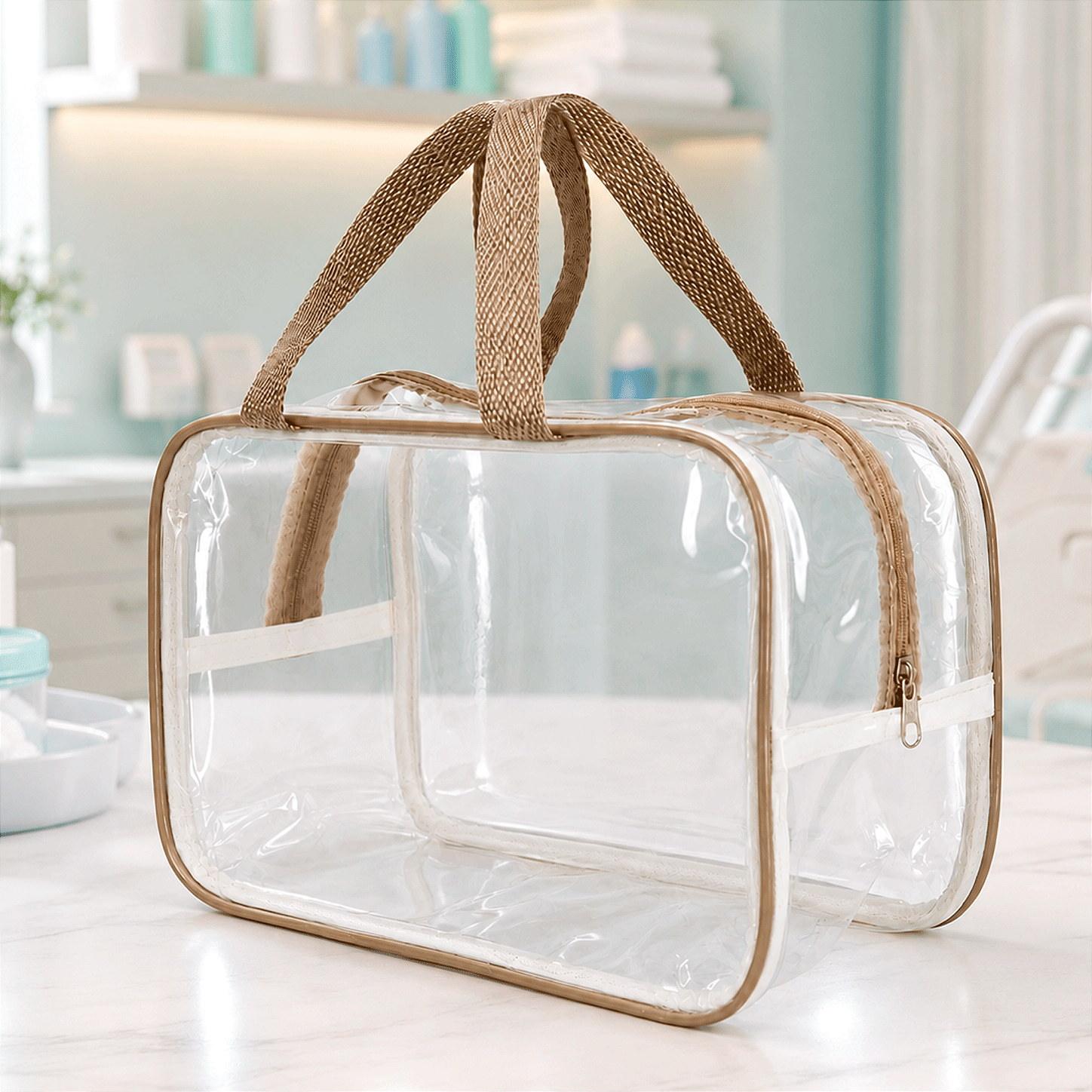 Kit 5 Bolsa Necessaire Transparente Feminina Organizadora - Bege