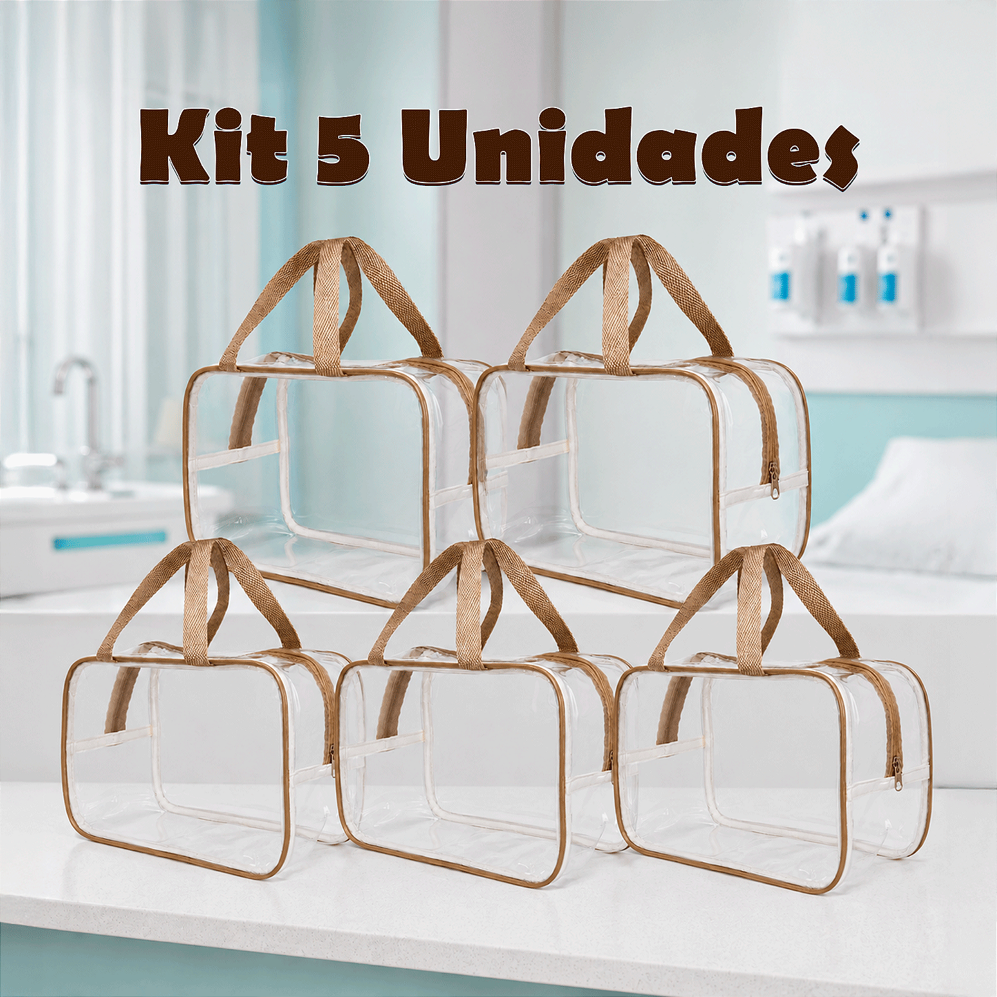 Kit 5 Bolsa Necessaire Transparente Feminina Organizadora - Bege