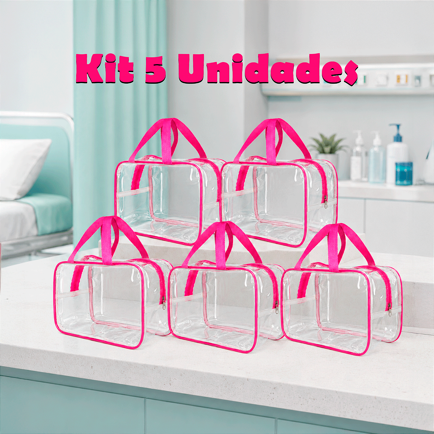 Kit 5 Bolsa Necessaire Transparente Feminina Organizadora - Pink