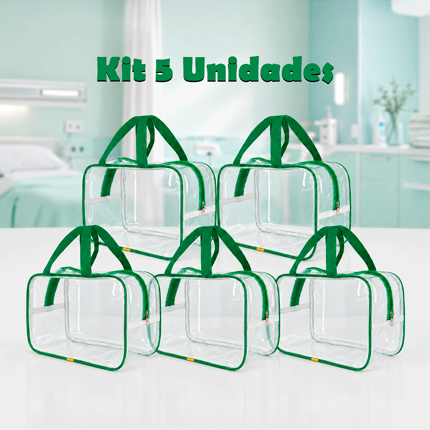 Kit 5 Bolsa Necessaire Transparente Feminina Organizadora - Verde