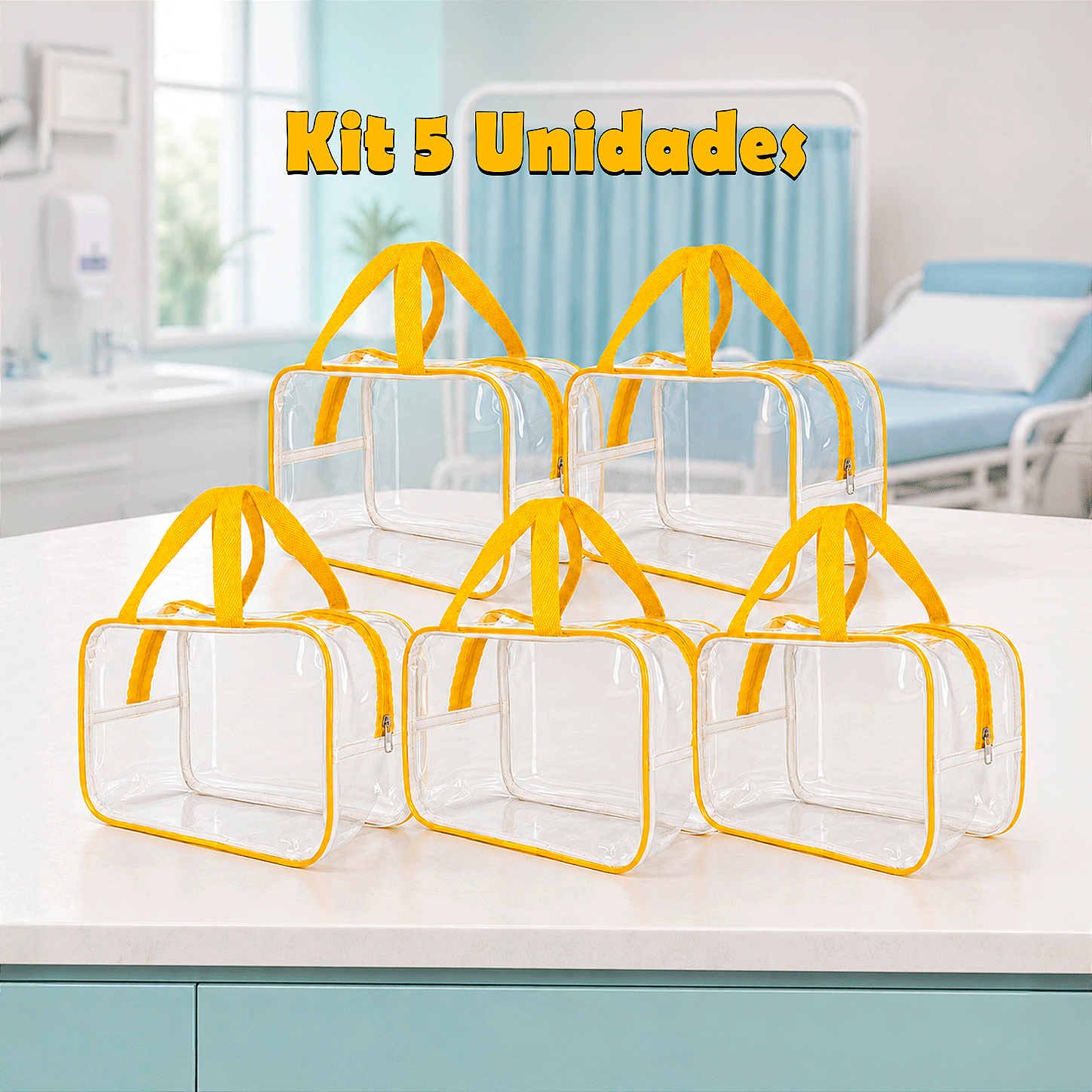 Kit 5 Bolsa Necessaire Transparente Feminina Organizadora - Amarela