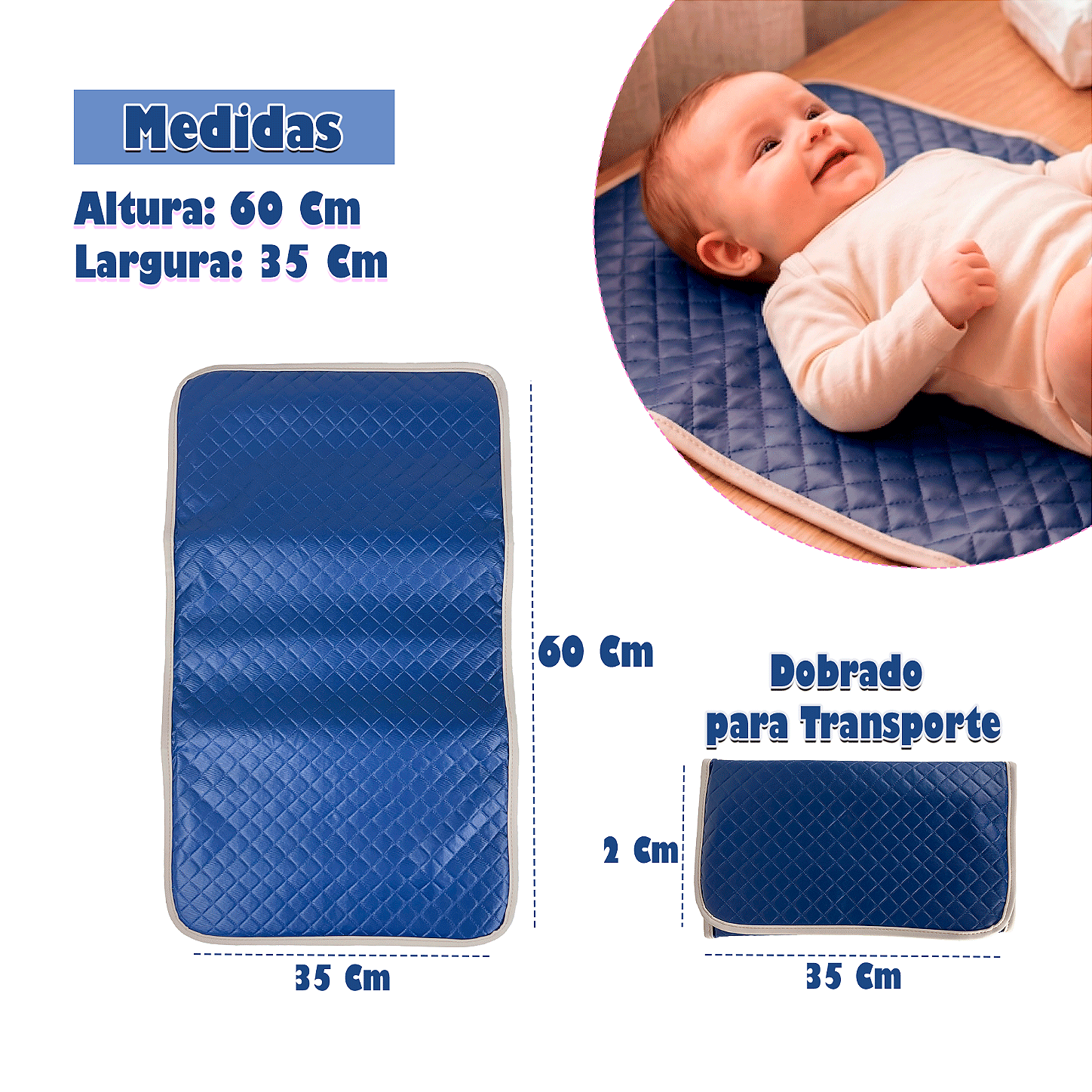 Trocador Portatil Para Bebê Acolchoado impermeável Dobravél - Azul Marinho