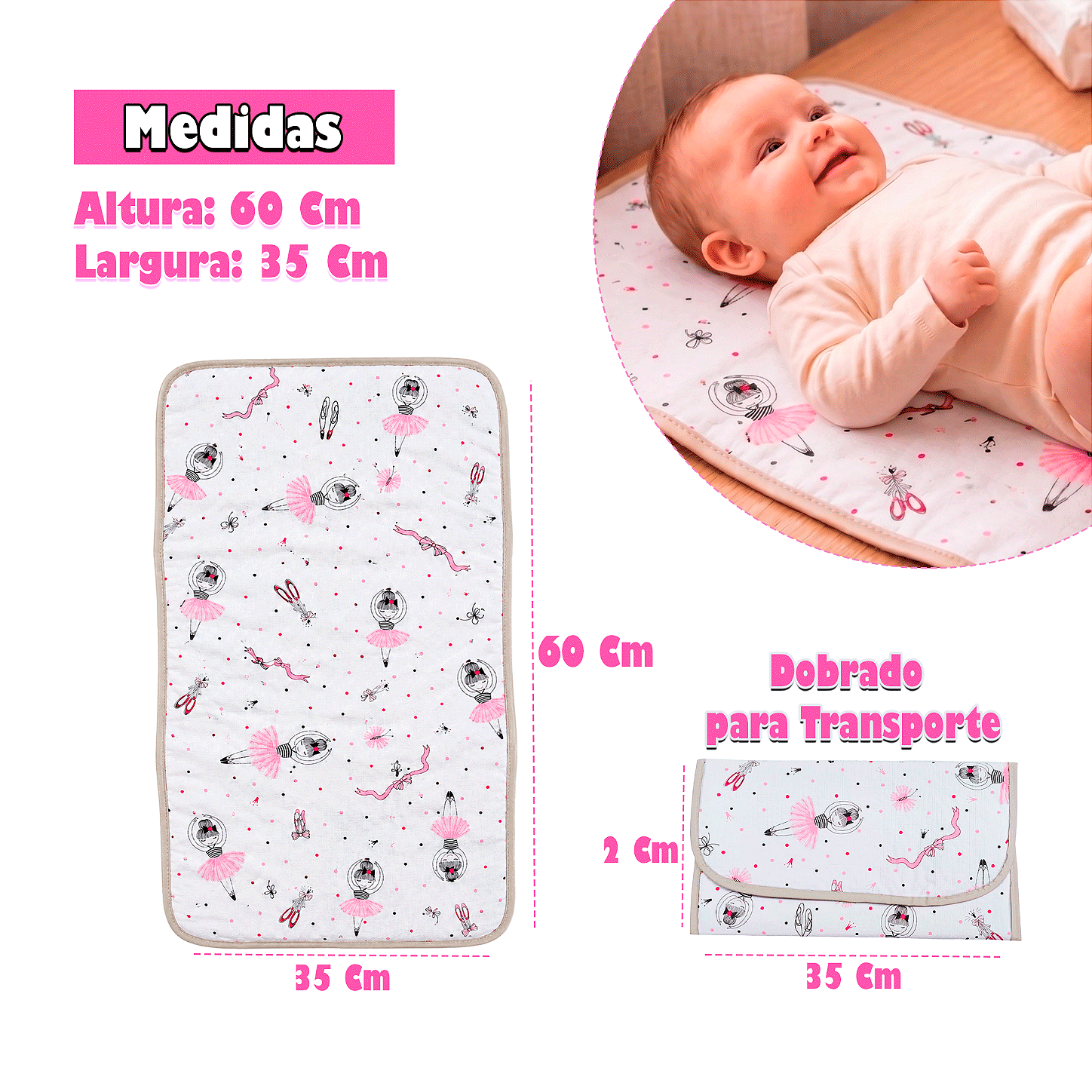 Trocador Portatil Para Bebê Acolchoado impermeável Dobravél - Bailarina