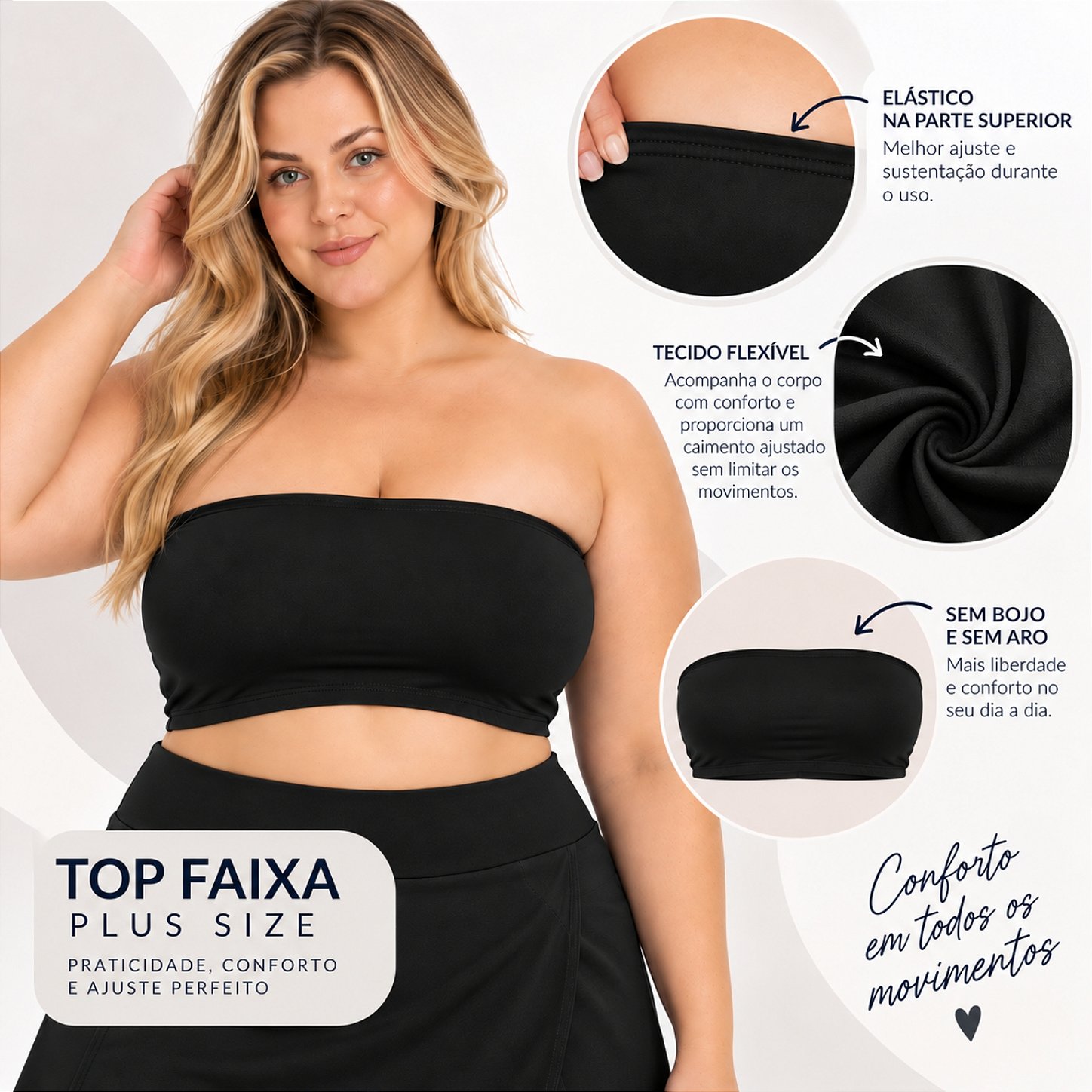 Top Tomara que Caia Plus Size Faixa Sem Bojo com Elástico Confortável 3035A