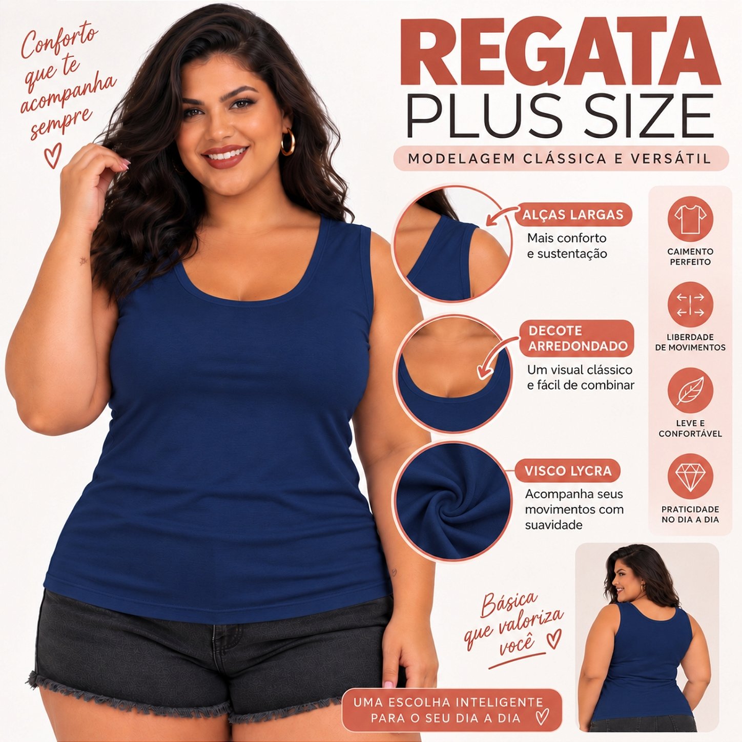 Blusa Regata Básica Plus Size Visco Lycra Alça Larga Toque Macio 2005.1A