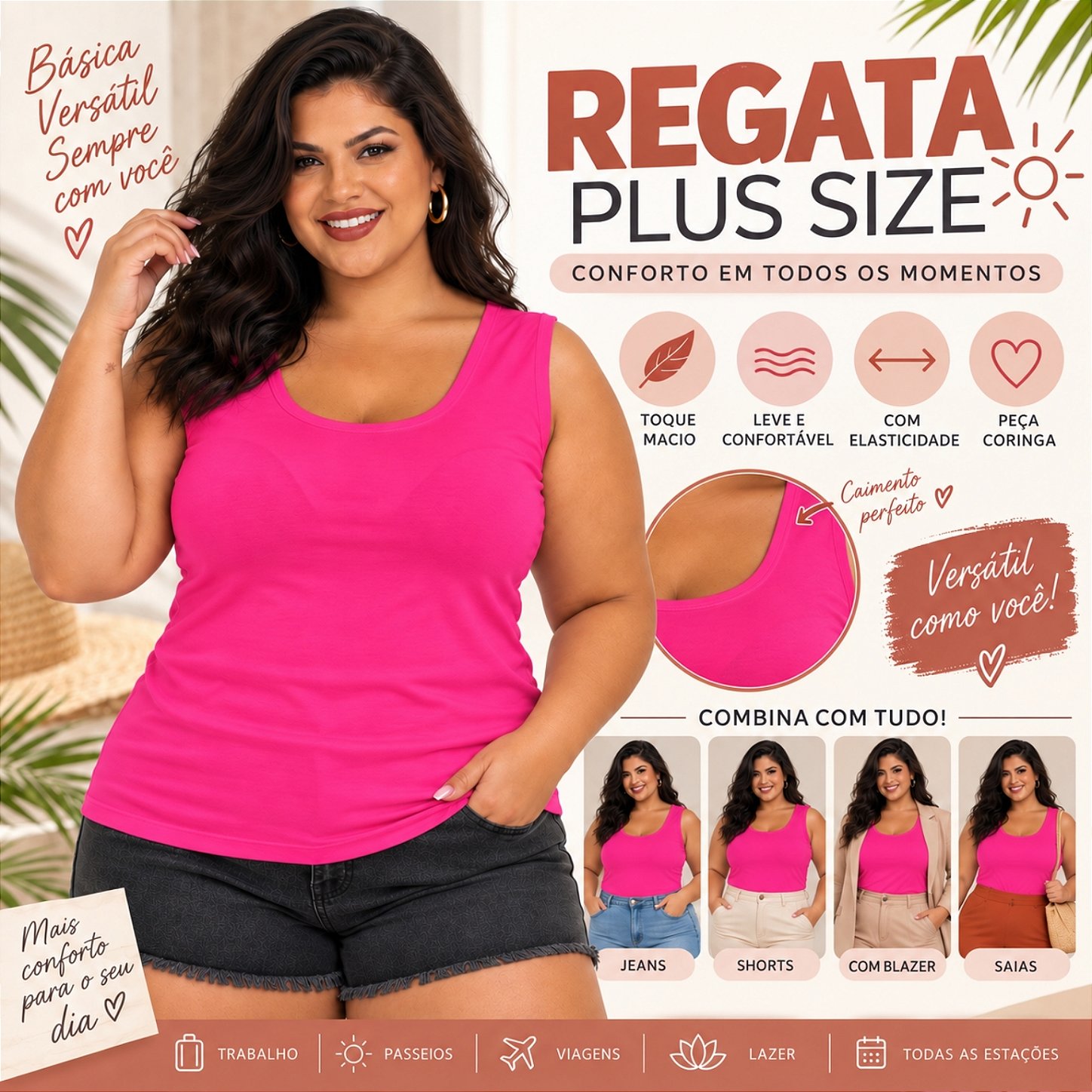 Blusa Regata Básica Plus Size Visco Lycra Alça Larga Toque Macio 2005.1A