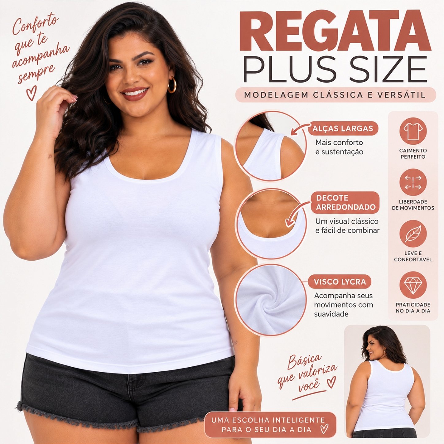 Blusa Regata Básica Plus Size Visco Lycra Alça Larga Toque Macio 2005.1A