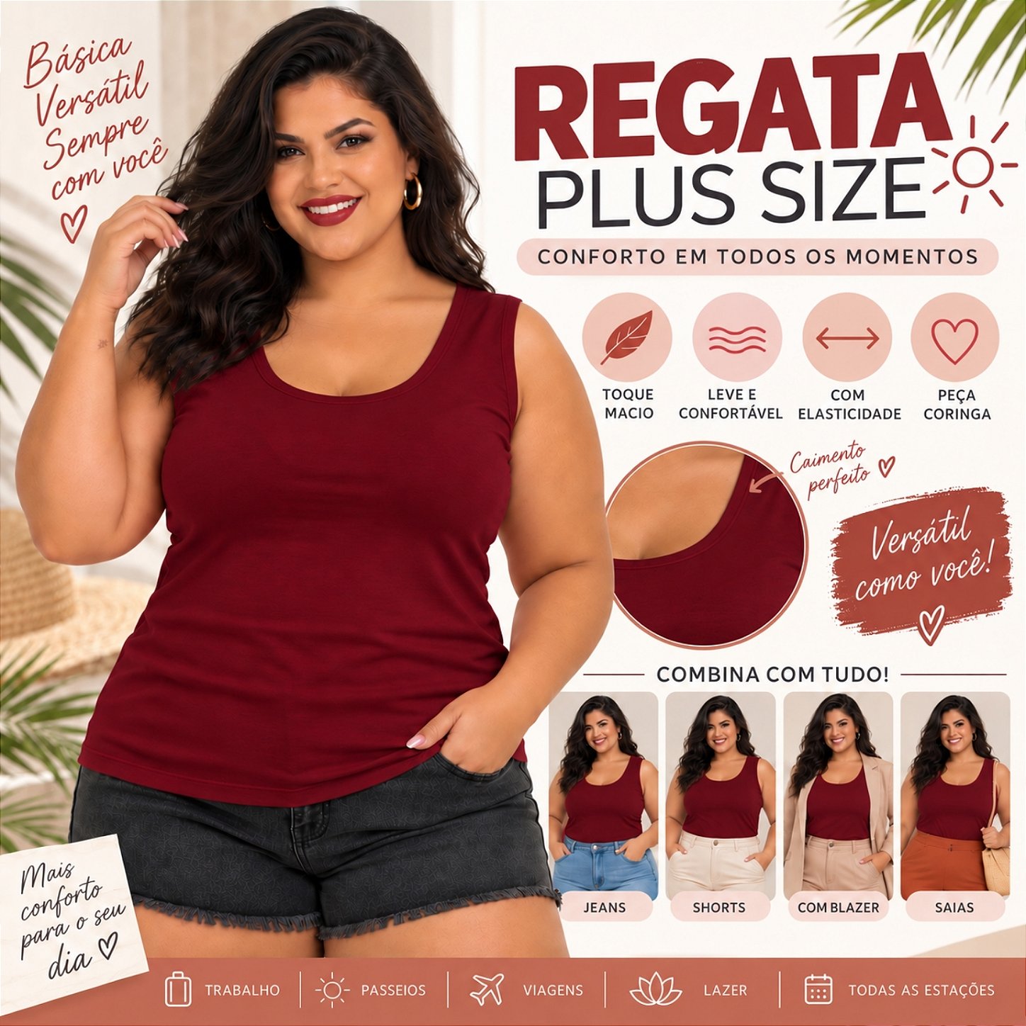 Blusa Regata Básica Plus Size Visco Lycra Alça Larga Toque Macio 2005.1A
