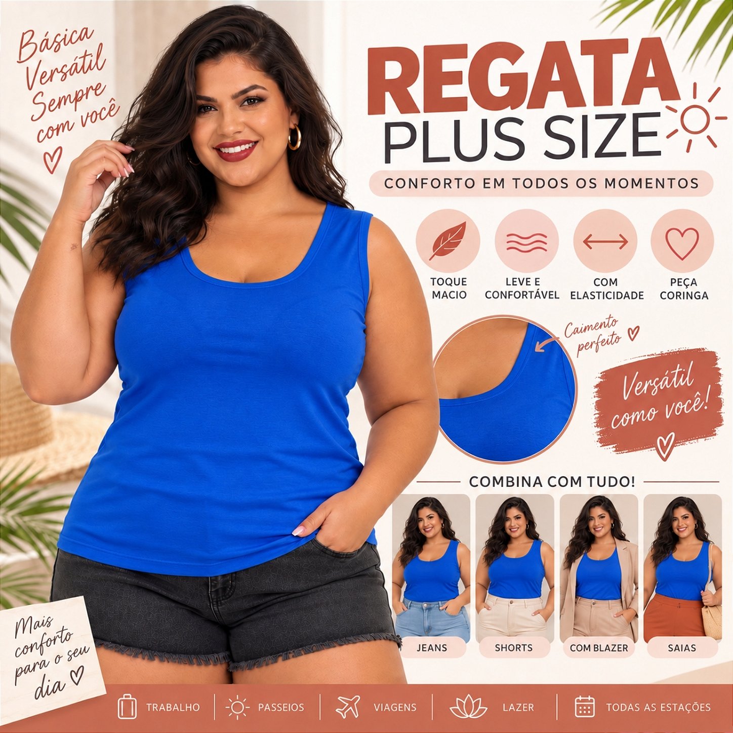 Blusa Regata Básica Plus Size Visco Lycra Alça Larga Toque Macio 2005.1A