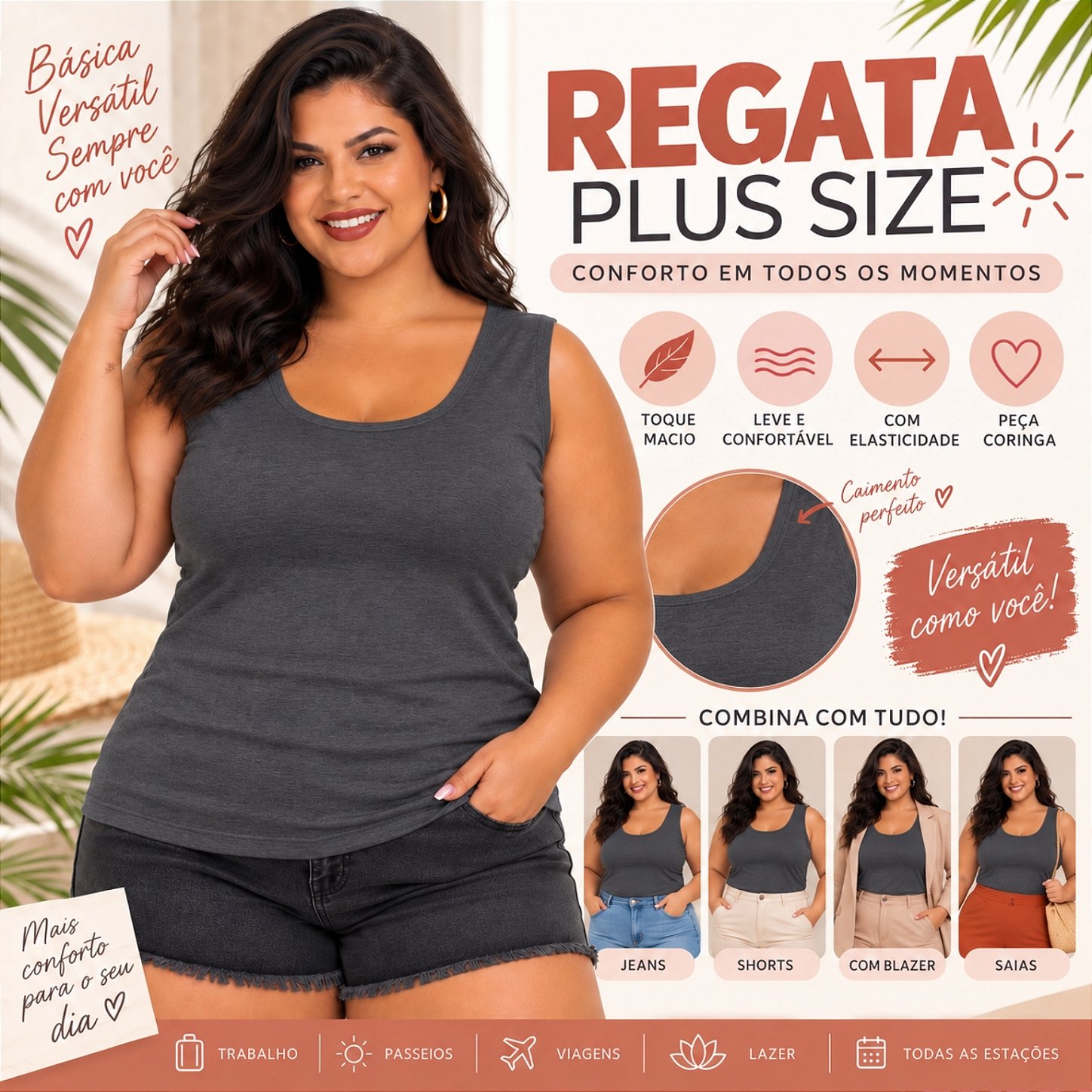 Blusa Regata Básica Plus Size Visco Lycra Alça Larga Toque Macio 2005.1A