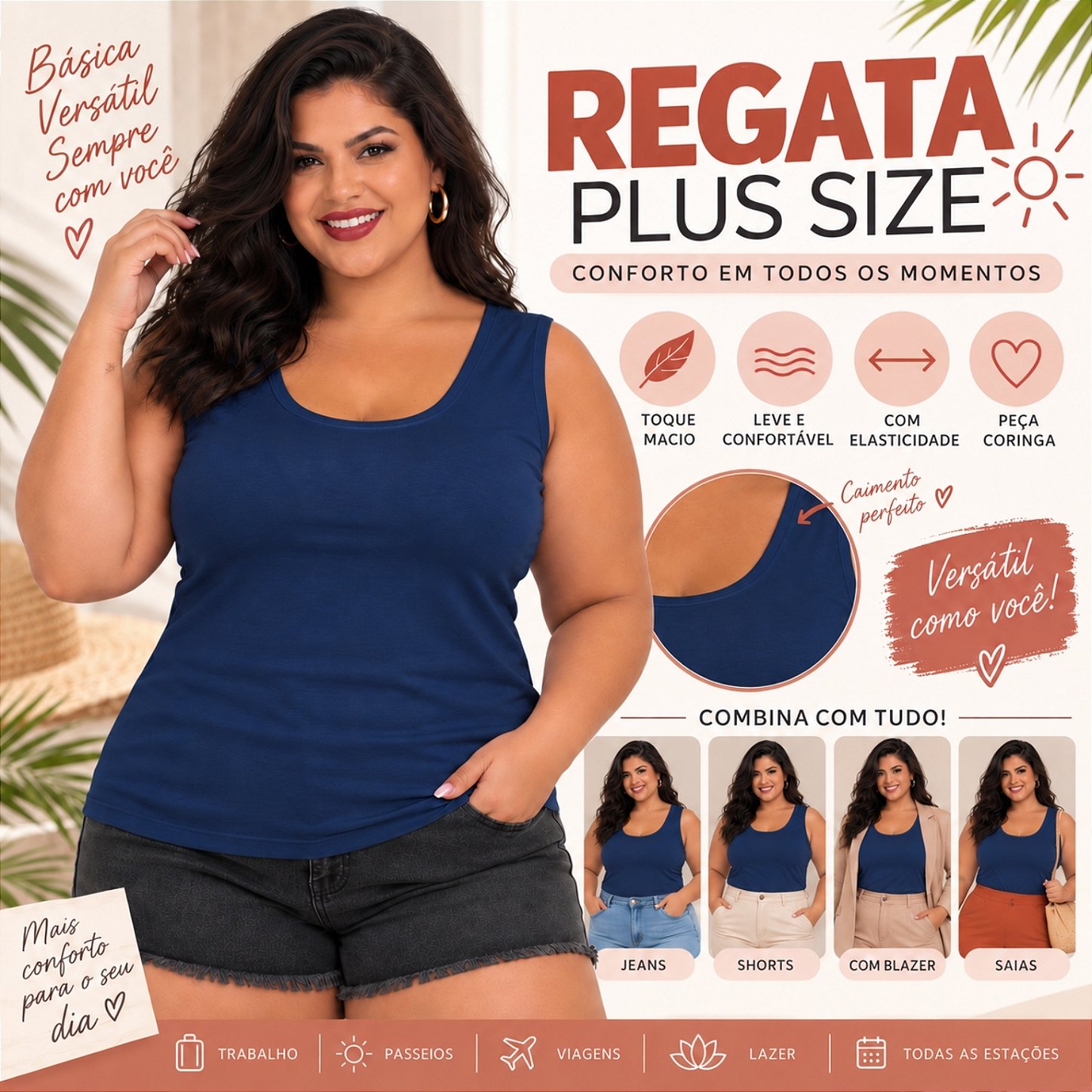 Blusa Regata Básica Plus Size Visco Lycra Alça Larga Toque Macio 2005.1A