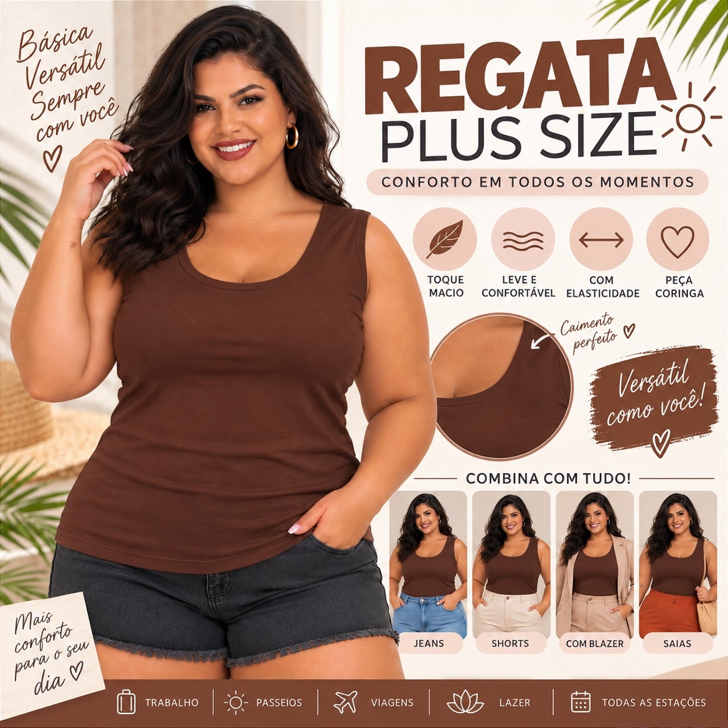 Blusa Regata Básica Plus Size Visco Lycra Alça Larga Toque Macio 2005.1A